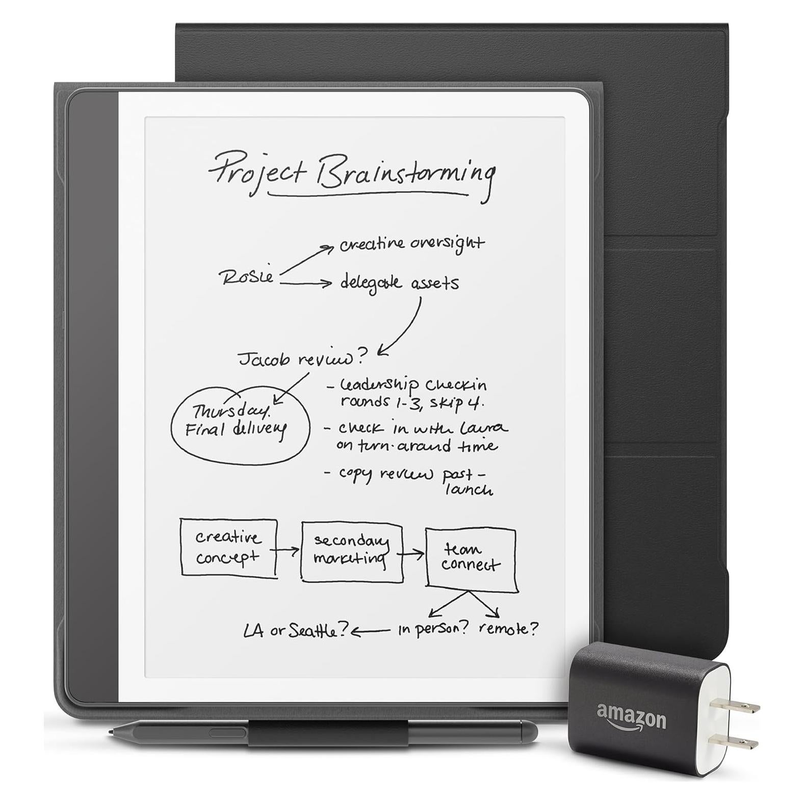 Amazon Kindle Scribe Essentials Bundle including Kindle Scribe (16GB) - Tungsten, Premium Pen, Plant-Based Leather Folio-Black, and Power Adapter