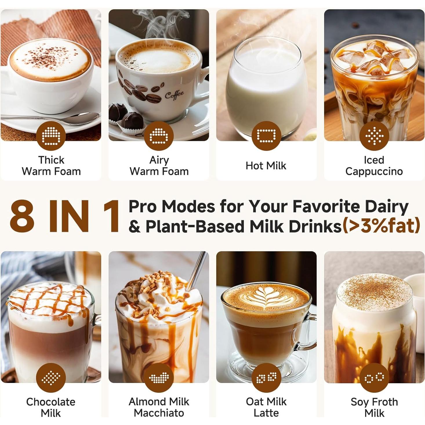 Espumador y Calentador de Leche AMZCHEF 600W 8-en-1 Acero Inoxidable