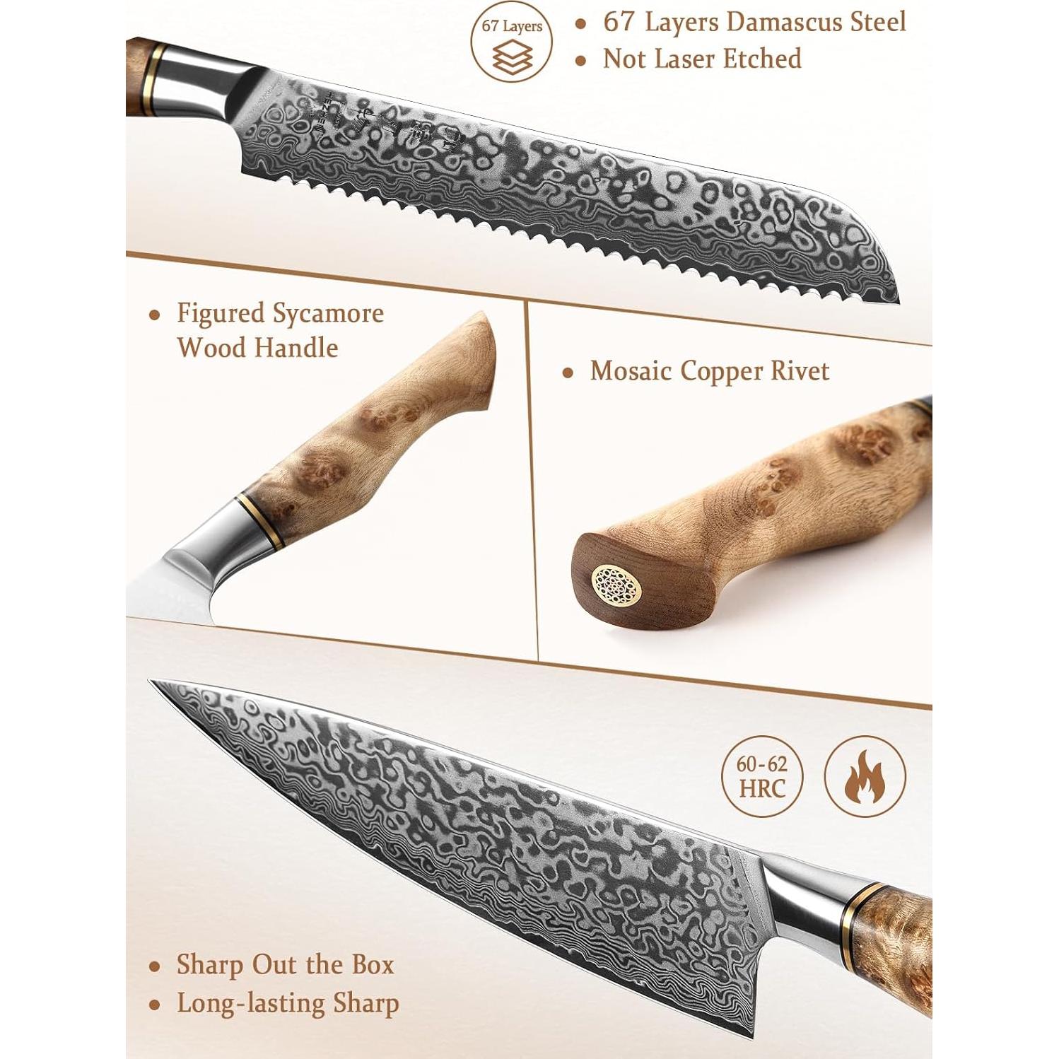 Juego de Cuchillos de Cocina HEZHEN Damasco 5PCS Mango Madera