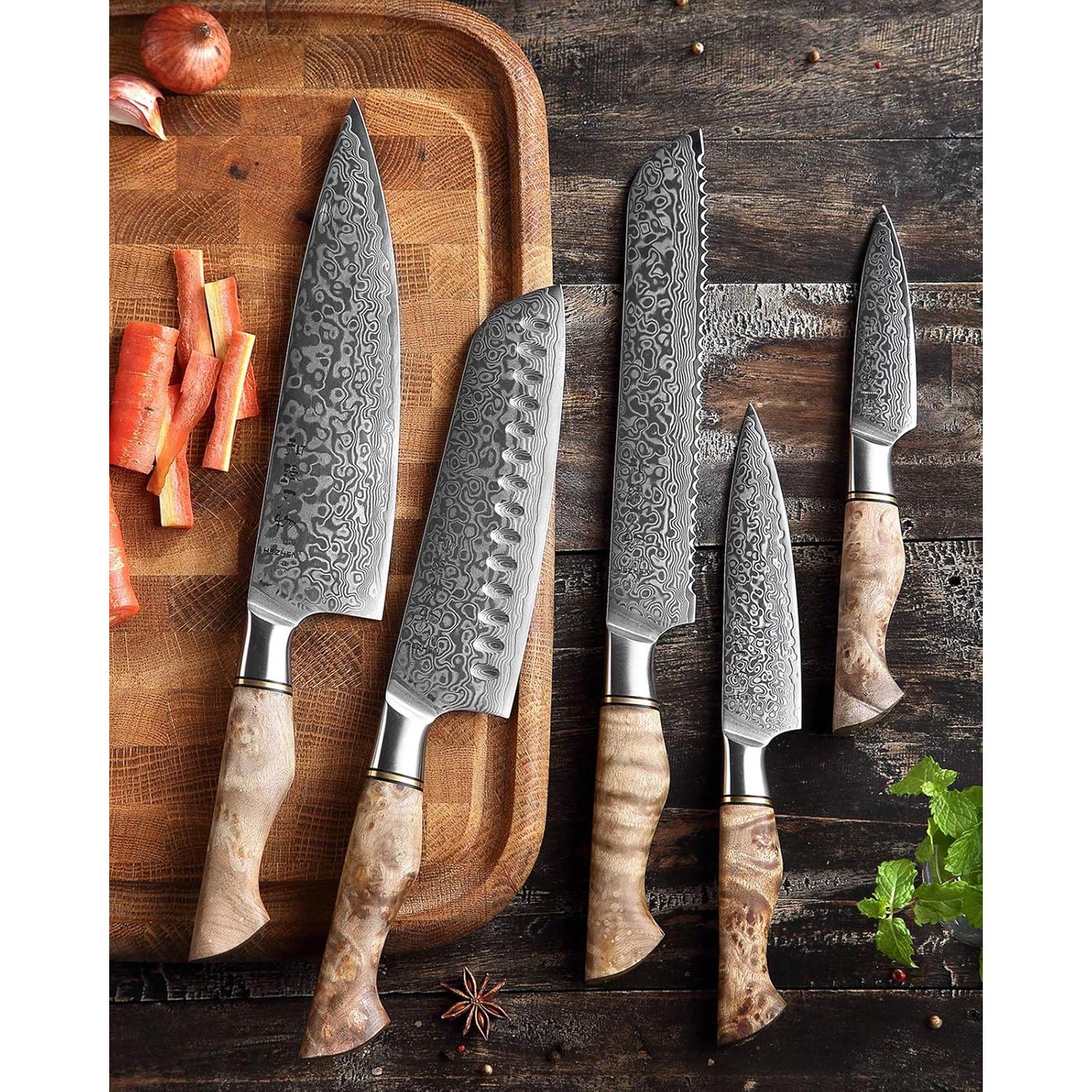 Juego de Cuchillos de Cocina HEZHEN Damasco 5PCS Mango Madera