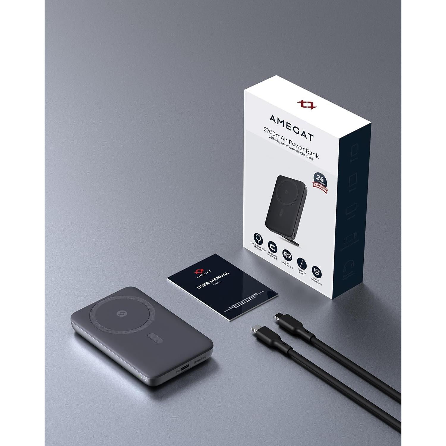 Cargador Portátil Magnético AMEGAT 6700mAh Carga Rápida USB-C