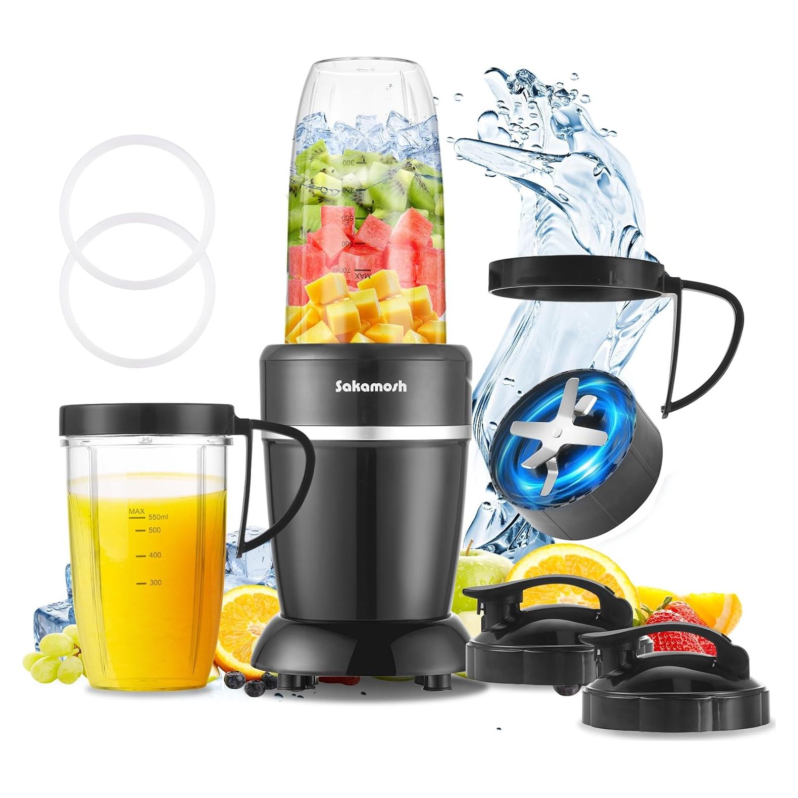 Batidora Personal SAKAMOSH 1200W con 2 Tazas y Cuchillas