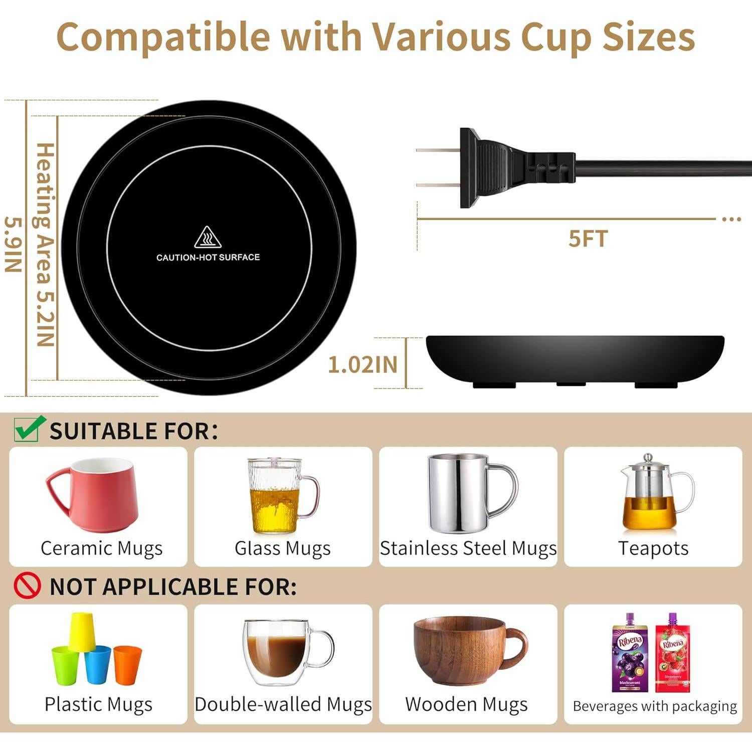 Calentador de Tazas Eléctrico Irrompible Negro 36W 3 Temperaturas