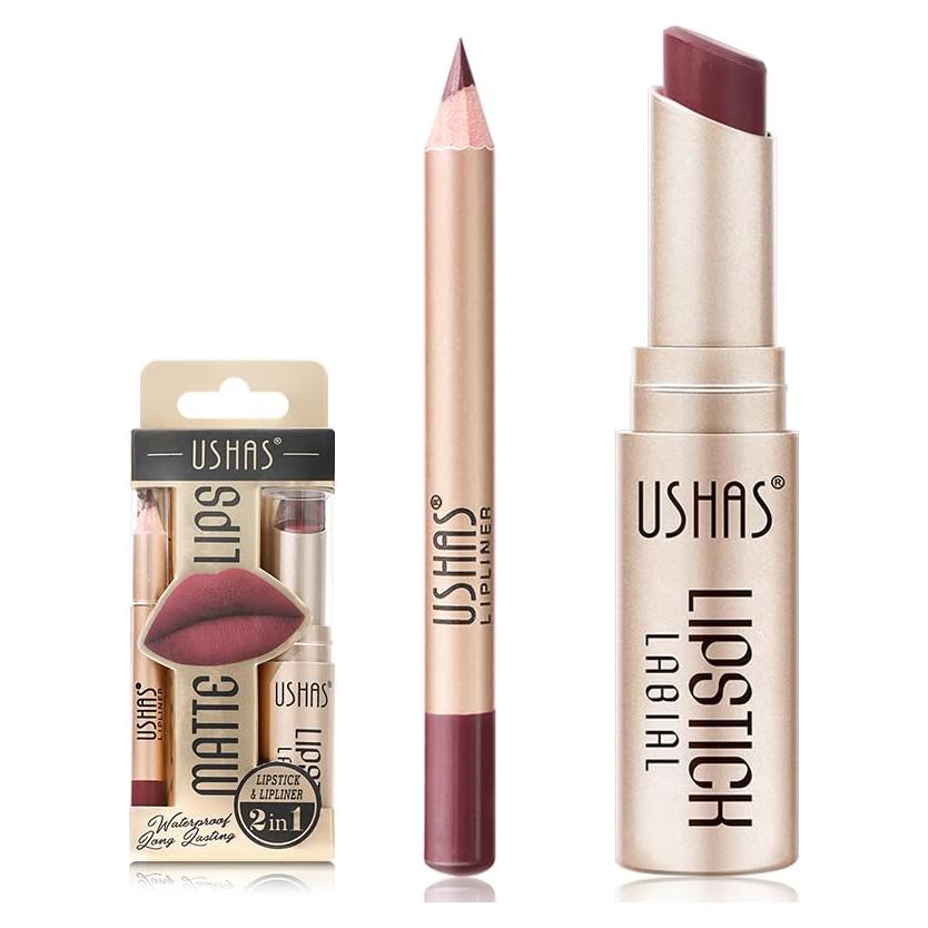 Set 2 en 1 Lápiz Labial y Delineador USHAS G1 - Mate Impermeable