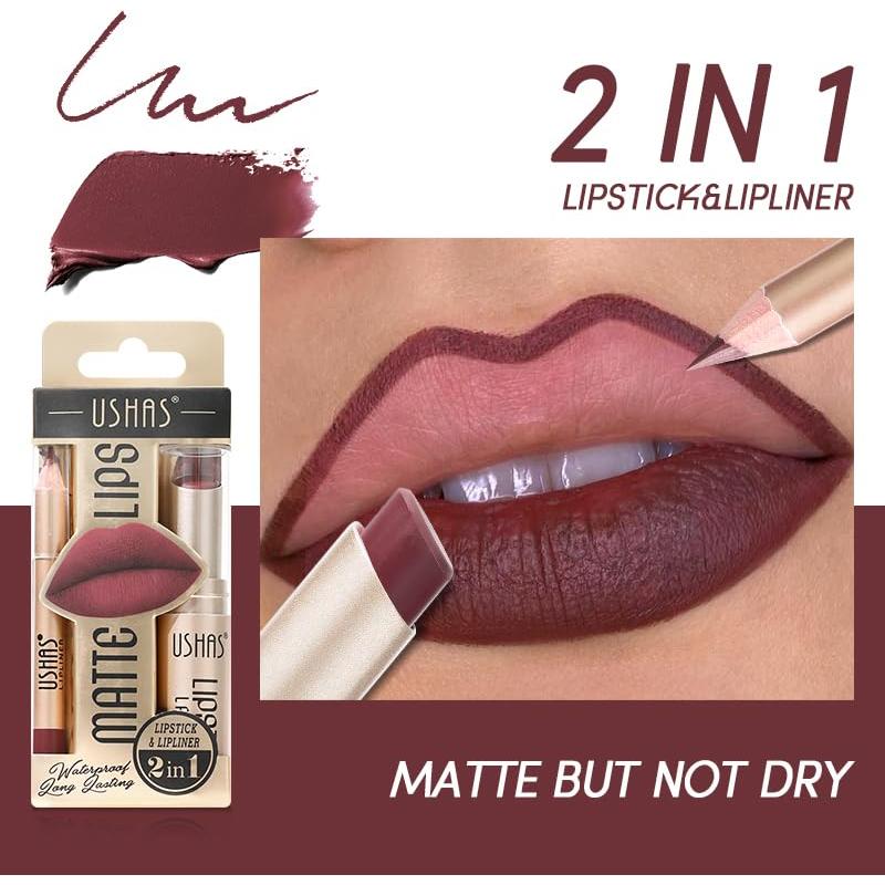 Set 2 en 1 Lápiz Labial y Delineador USHAS G1 - Mate Impermeable