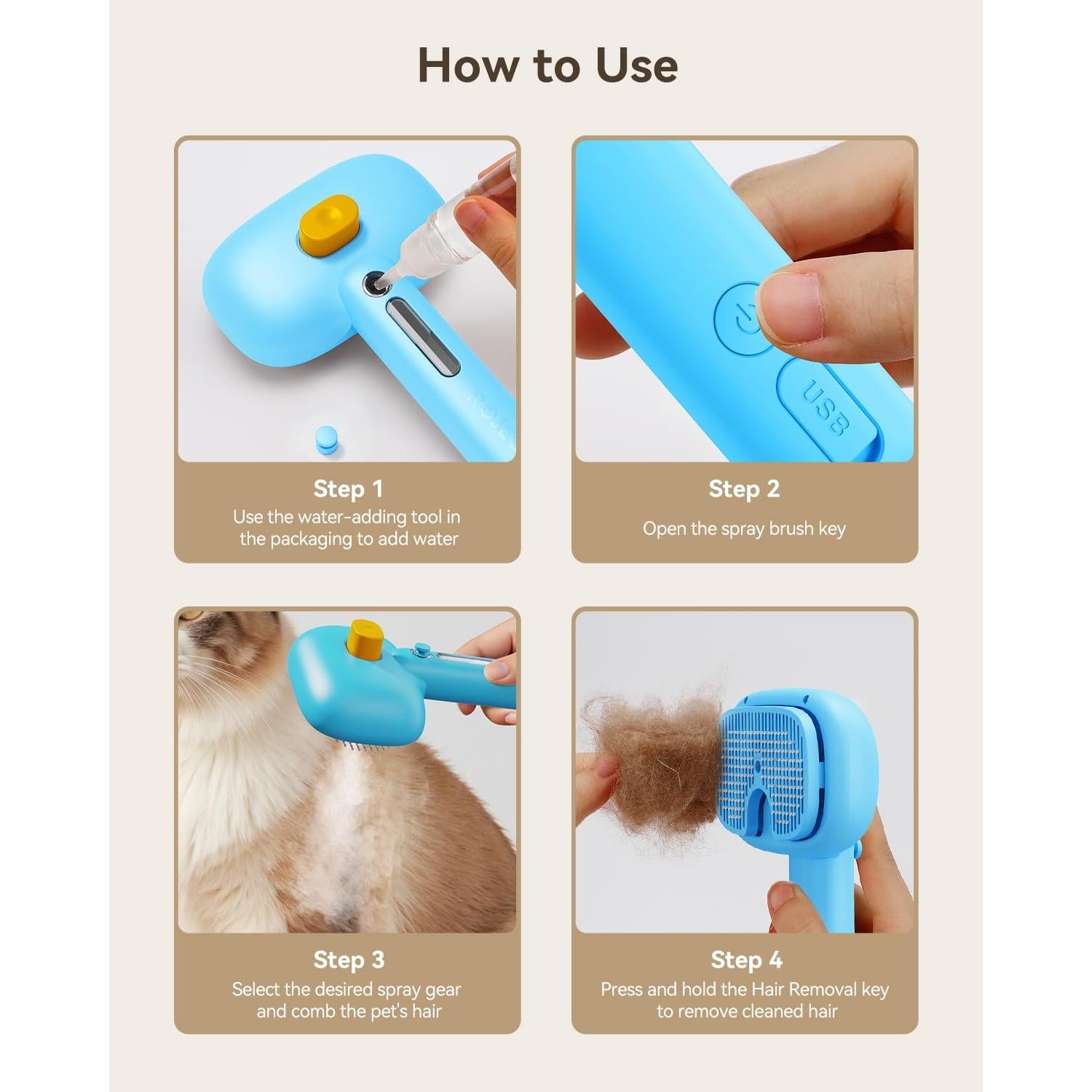 Cepillo de Vapor 3 en 1 ROJECO para Mascotas Azul - Aseo y Deshedding