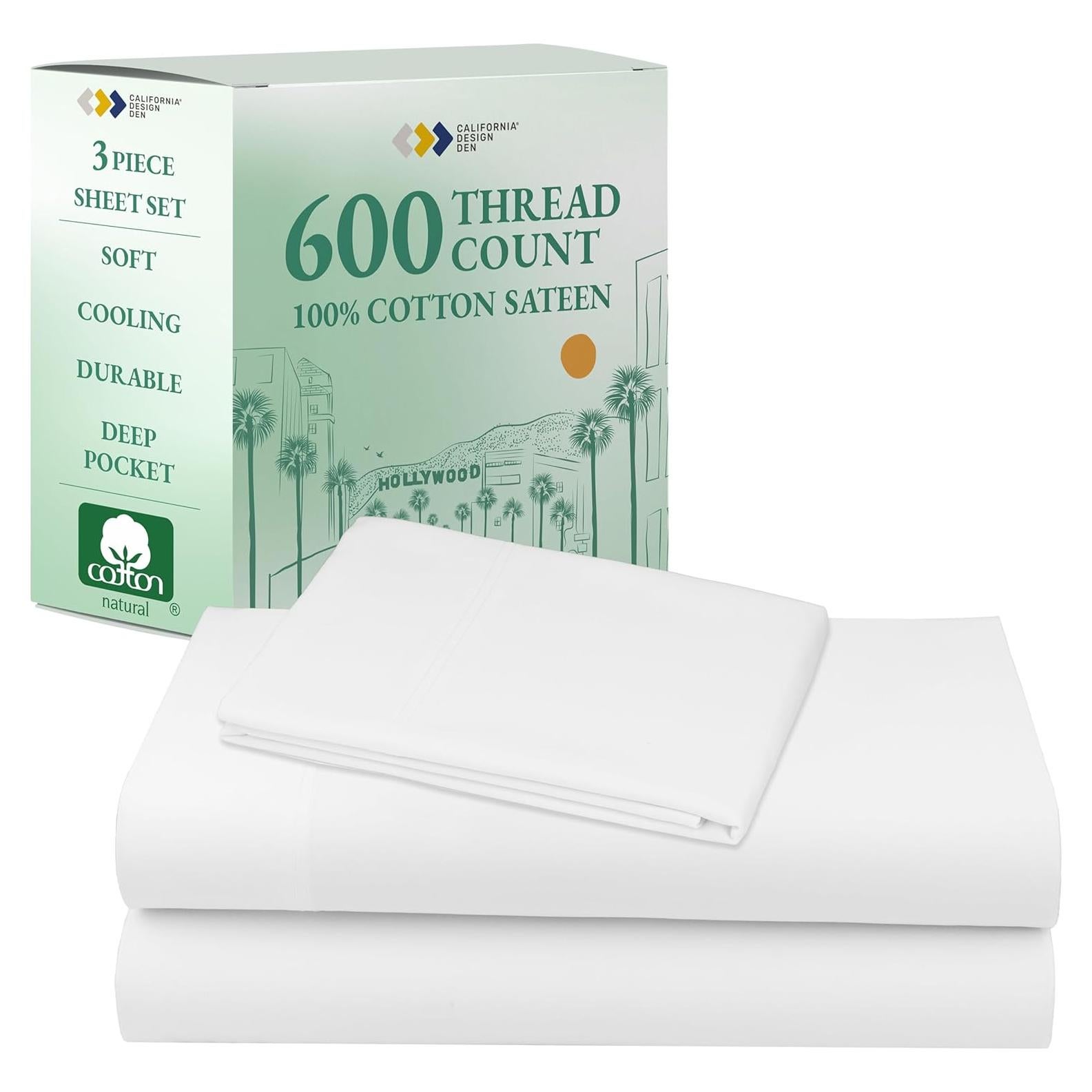 Conjunto de Sábanas Twin California Design Den 600 Hilos Algodón Satén Blanco