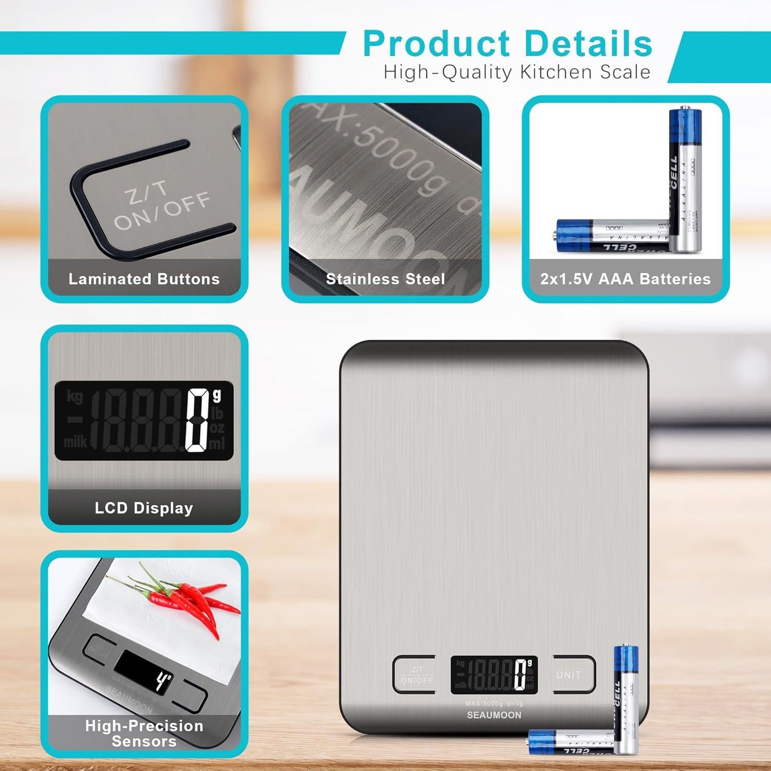 Báscula de Cocina Digital 5kg Plata - Precisa y Compacta