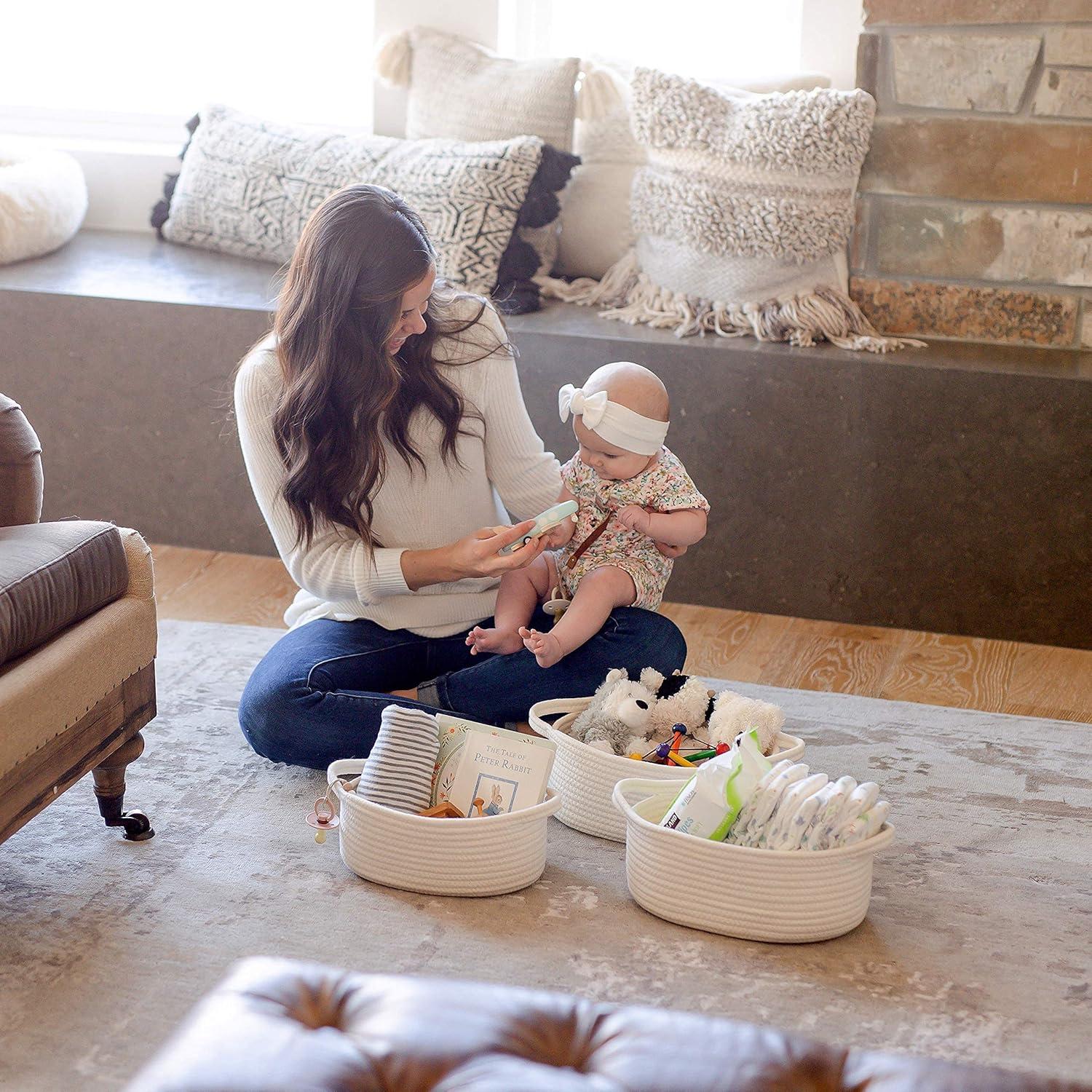 Juego de 3 Cestas de Almacenamiento Ovaladas NaturalCozy - Algodón Blanco Roto