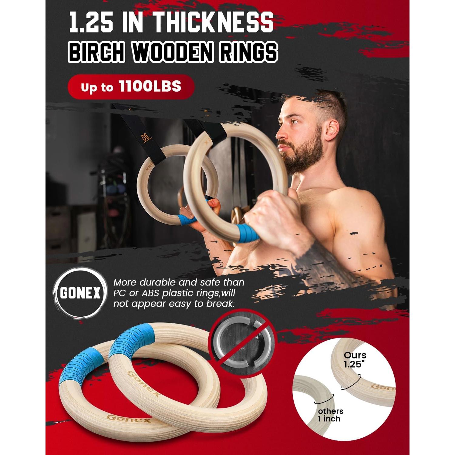 Anillas de Gimnasia Gonex de Madera 3.2 cm con Correas Ajustables