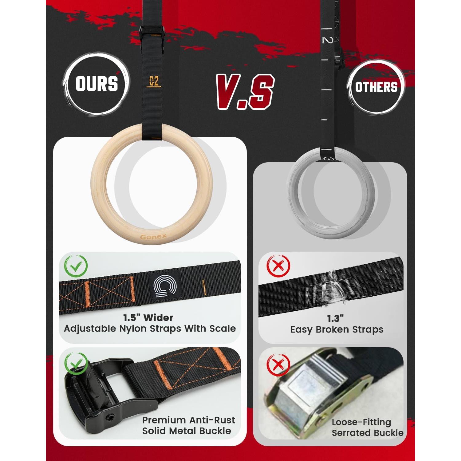 Anillas de Gimnasia Gonex de Madera 3.2 cm con Correas Ajustables