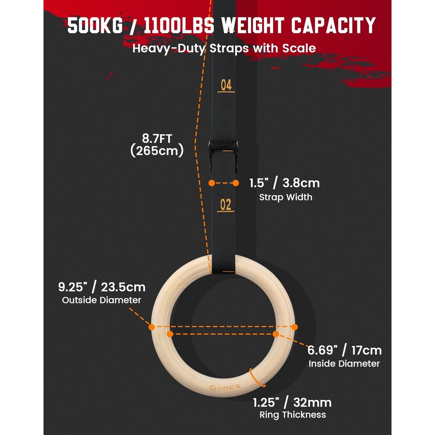Anillas de Gimnasia Gonex de Madera 3.2 cm con Correas Ajustables