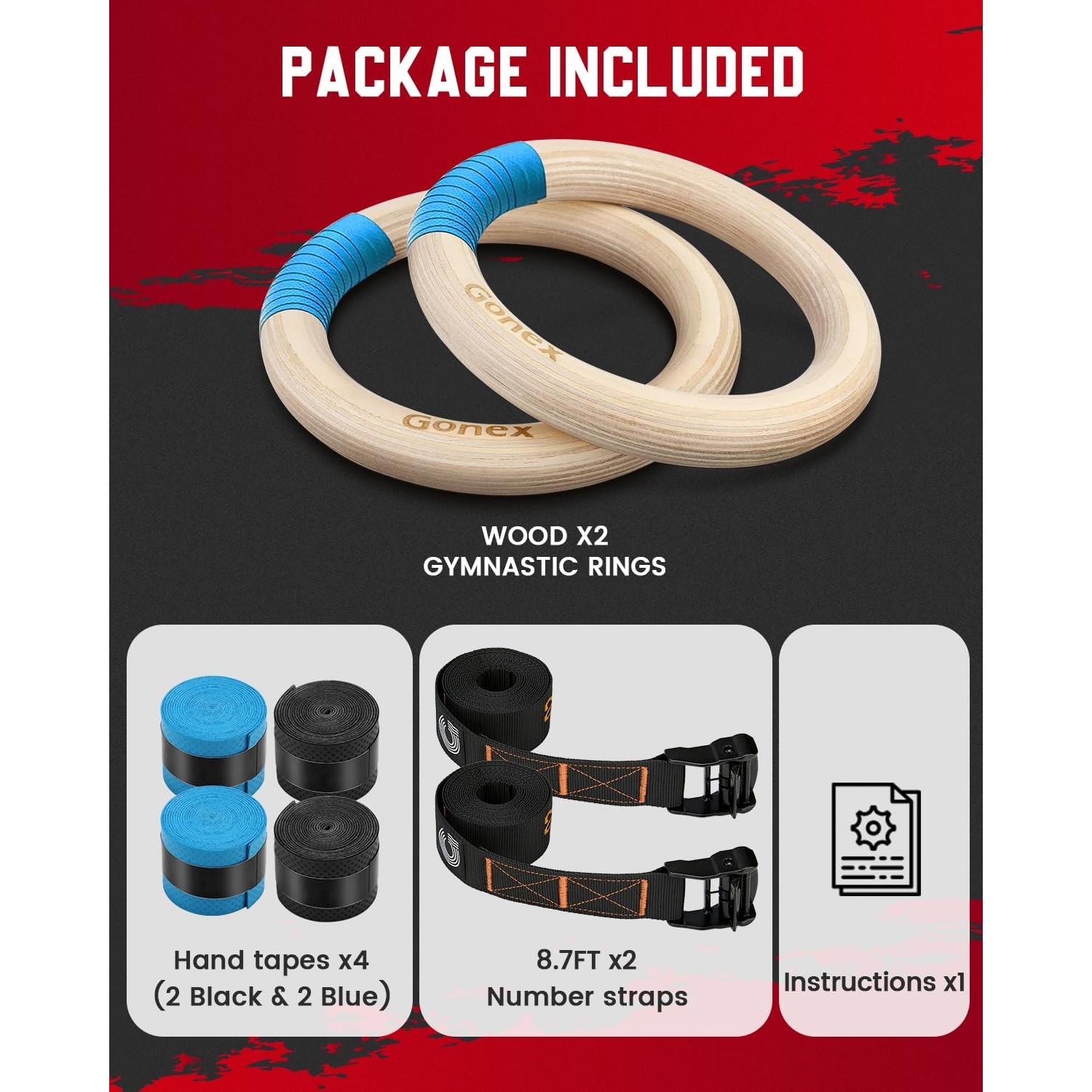 Anillas de Gimnasia Gonex de Madera 3.2 cm con Correas Ajustables