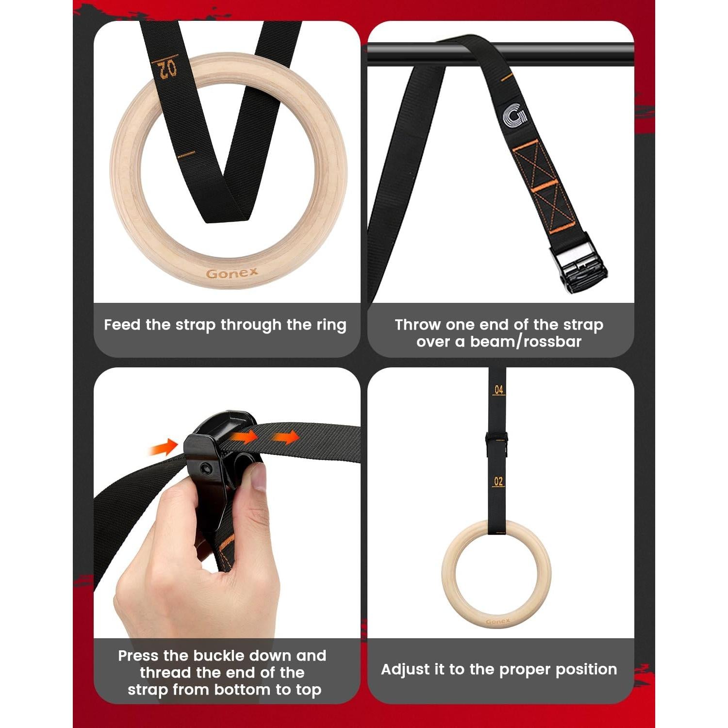 Anillas de Gimnasia Gonex de Madera 3.2 cm con Correas Ajustables