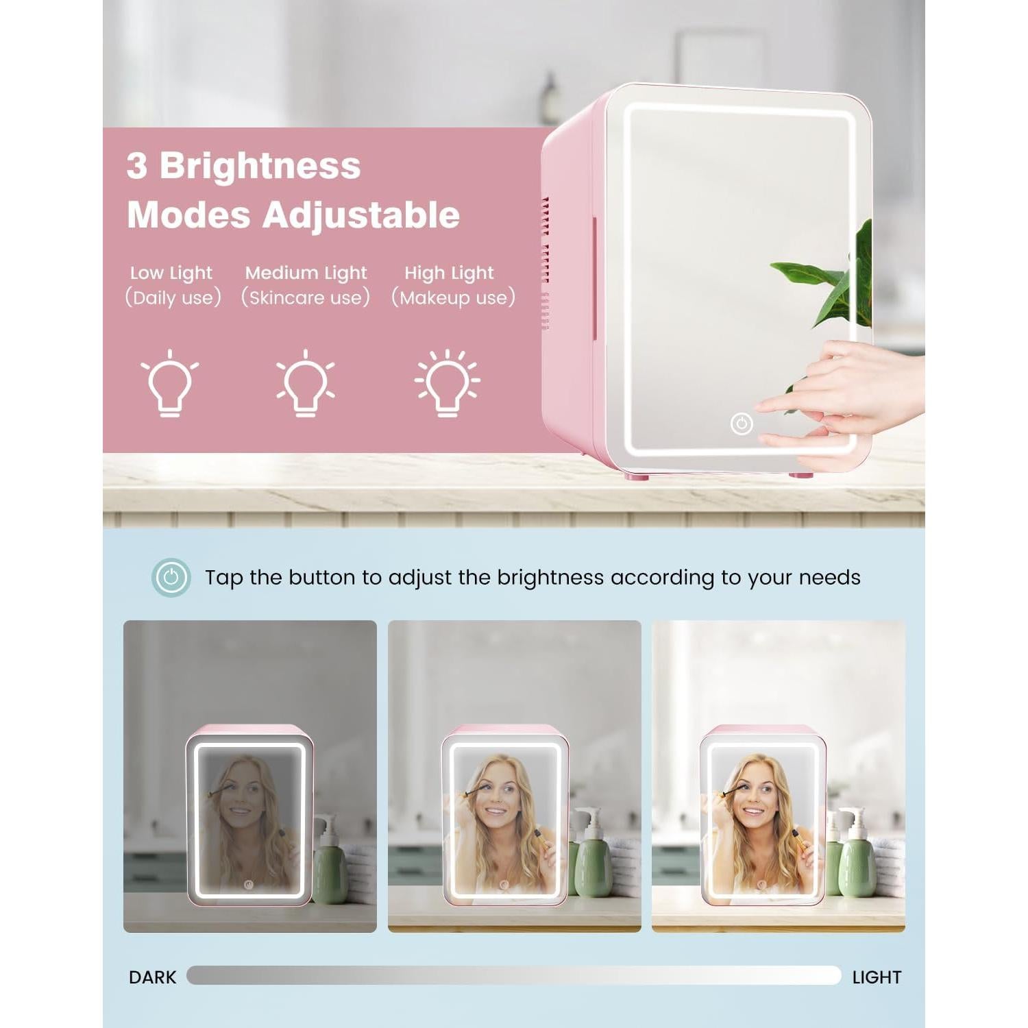 Mini Nevera de Cuidado de la Piel NISHCON 4L Rosa con Espejo LED