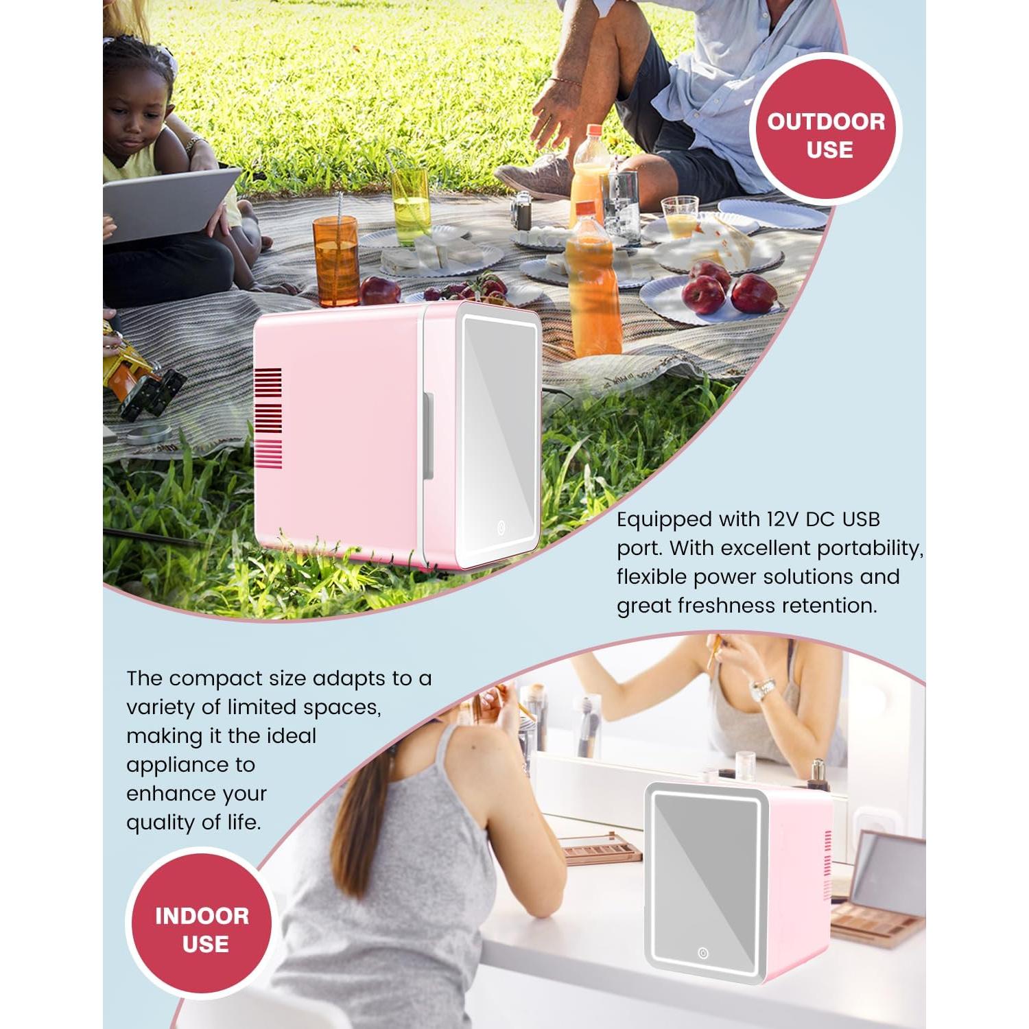 Mini Nevera de Cuidado de la Piel NISHCON 4L Rosa con Espejo LED