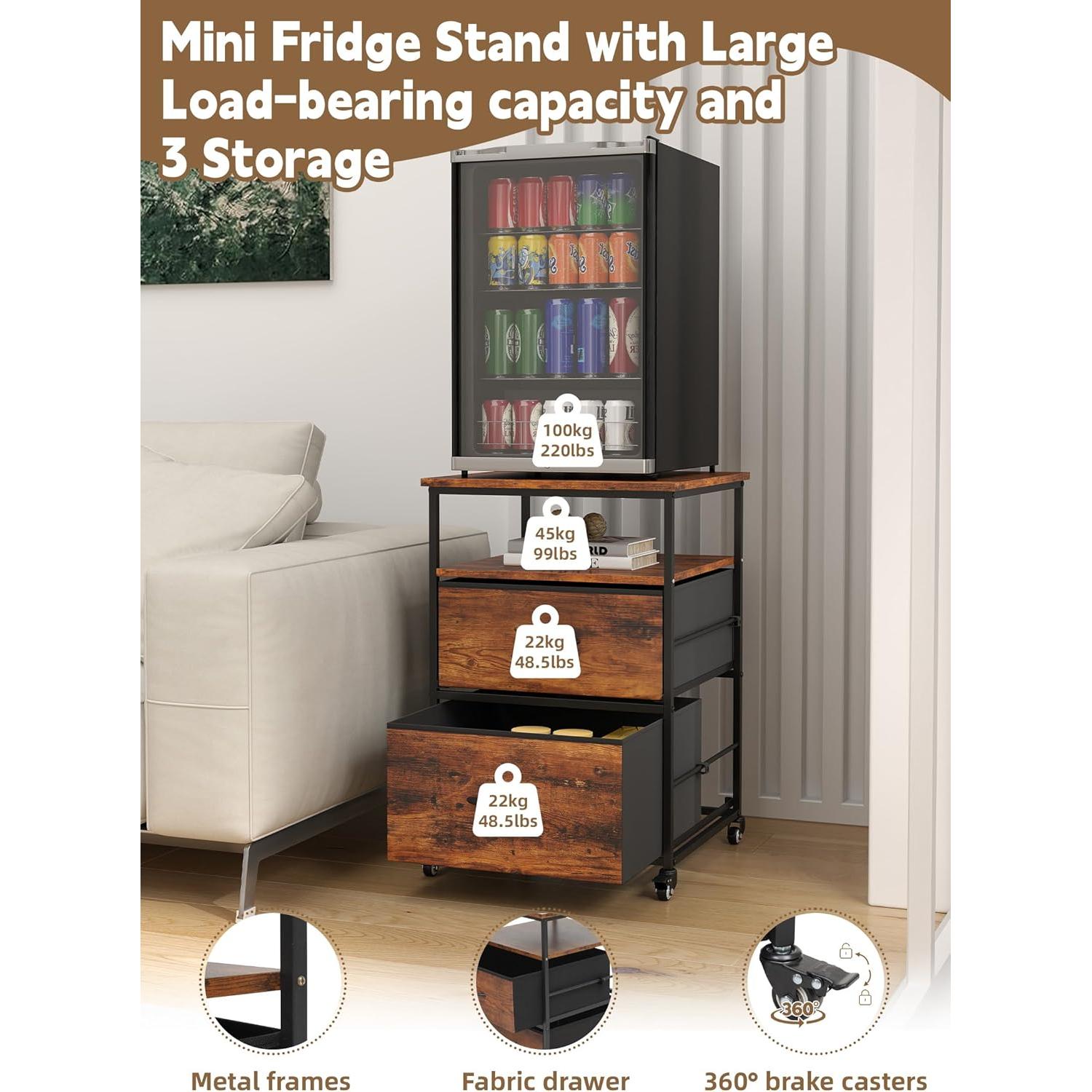 Soporte para Mini Nevera Qriocioa con 2 Cajones Tela Marrón