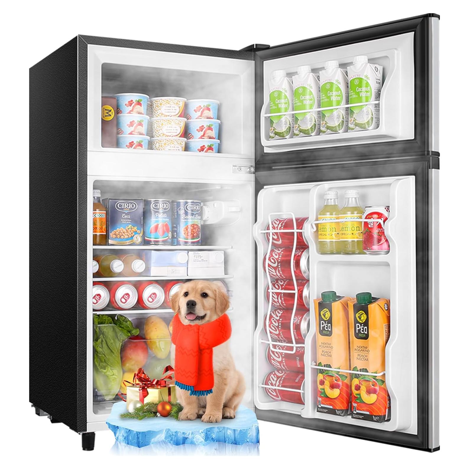 WANAI 3.5 Cu.Ft Mini Fridge with Freezer Compact Refrigerator with Freezer, 7 Level Adjustable Thermostat and 2 Removable Shelves Freestanding Small Refrigerator for Office Dorm Apartment (Silver)