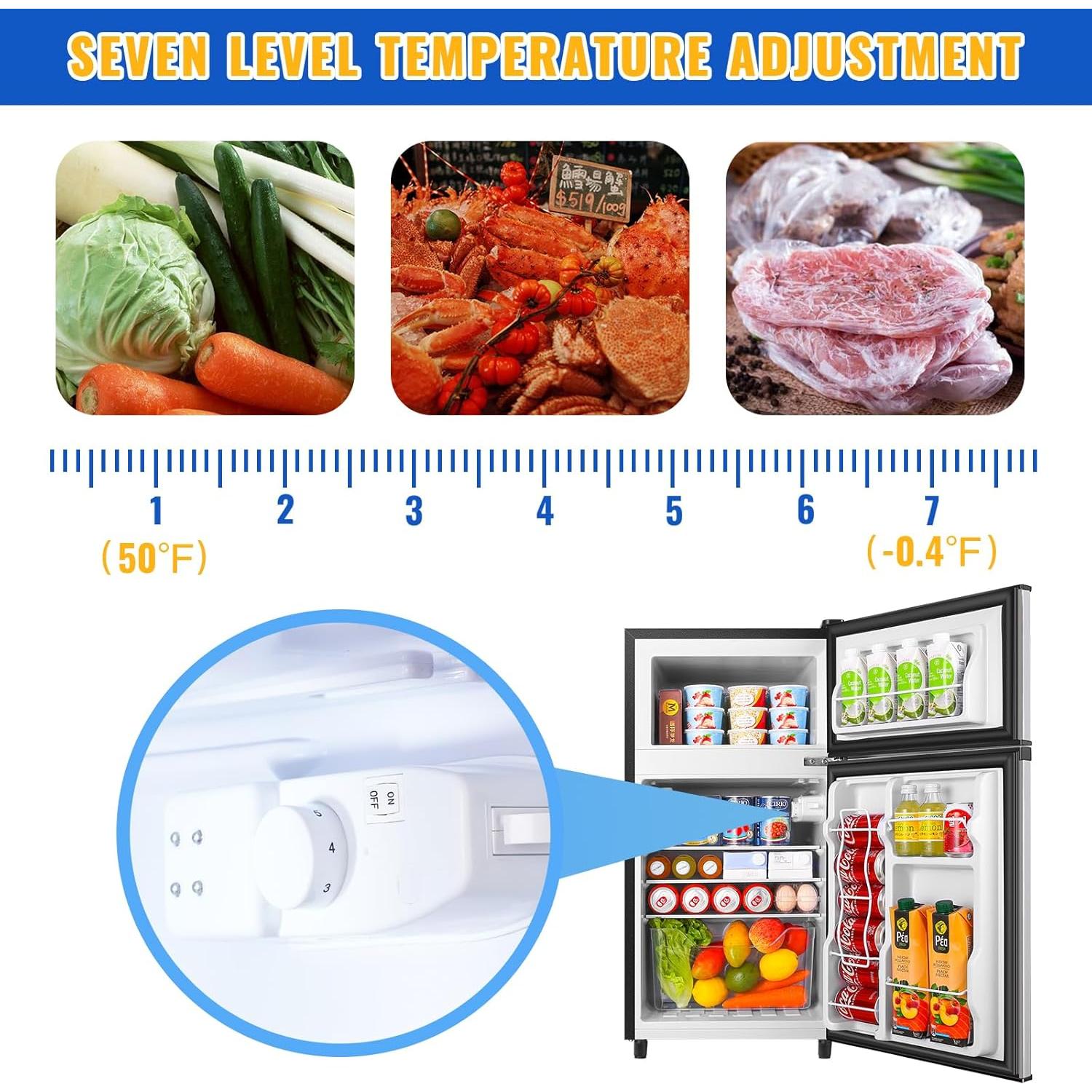 WANAI 3.5 Cu.Ft Mini Fridge with Freezer Compact Refrigerator with Freezer, 7 Level Adjustable Thermostat and 2 Removable Shelves Freestanding Small Refrigerator for Office Dorm Apartment (Silver)