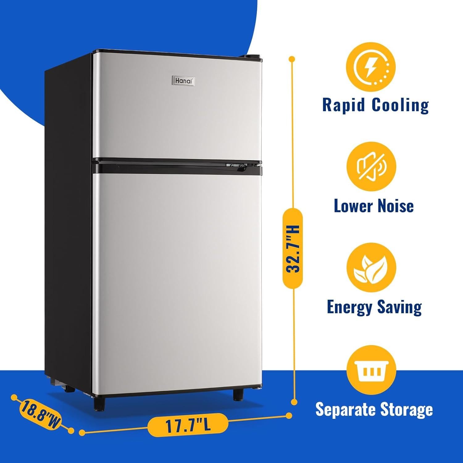 WANAI 3.5 Cu.Ft Mini Fridge with Freezer Compact Refrigerator with Freezer, 7 Level Adjustable Thermostat and 2 Removable Shelves Freestanding Small Refrigerator for Office Dorm Apartment (Silver)