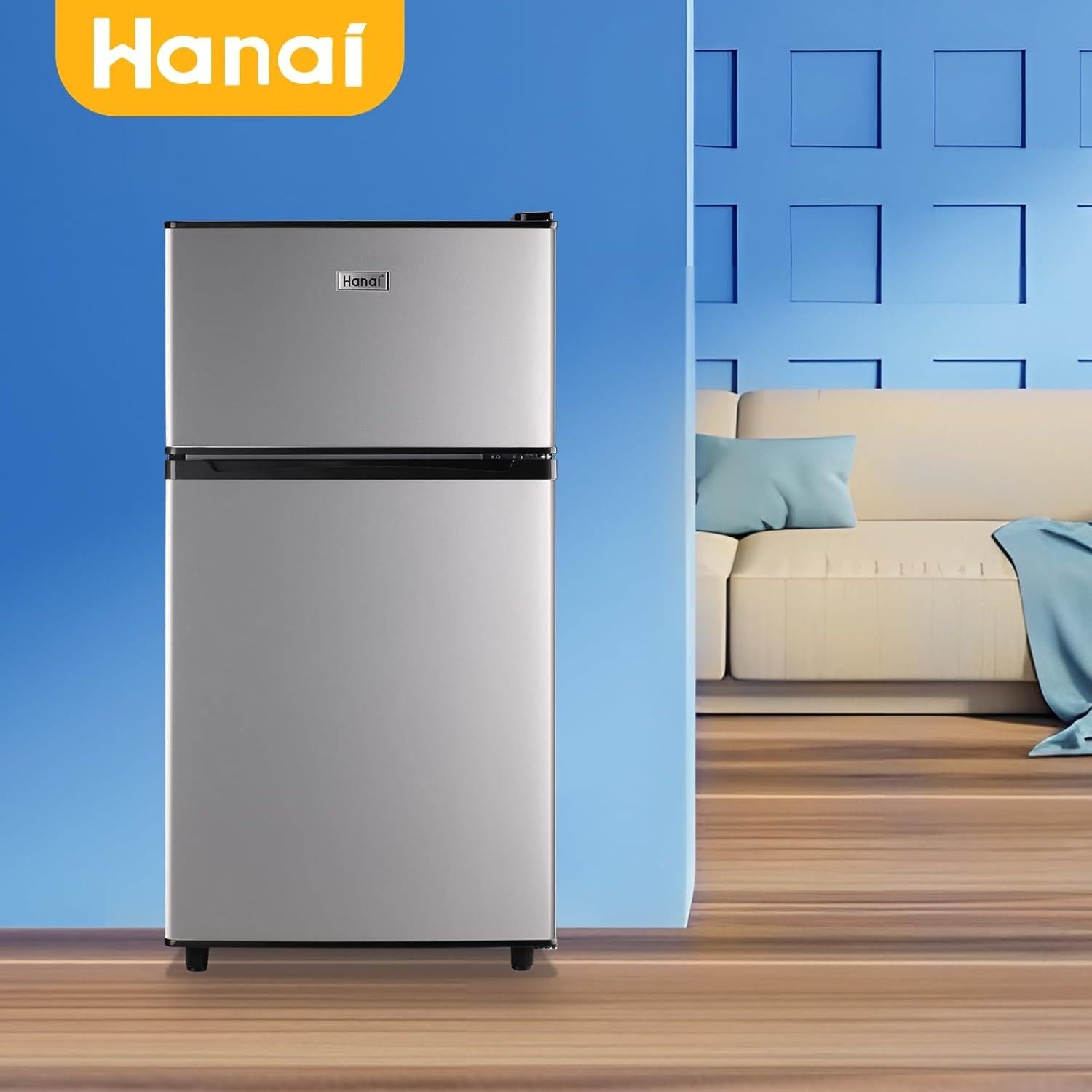 WANAI 3.5 Cu.Ft Mini Fridge with Freezer Compact Refrigerator with Freezer, 7 Level Adjustable Thermostat and 2 Removable Shelves Freestanding Small Refrigerator for Office Dorm Apartment (Silver)