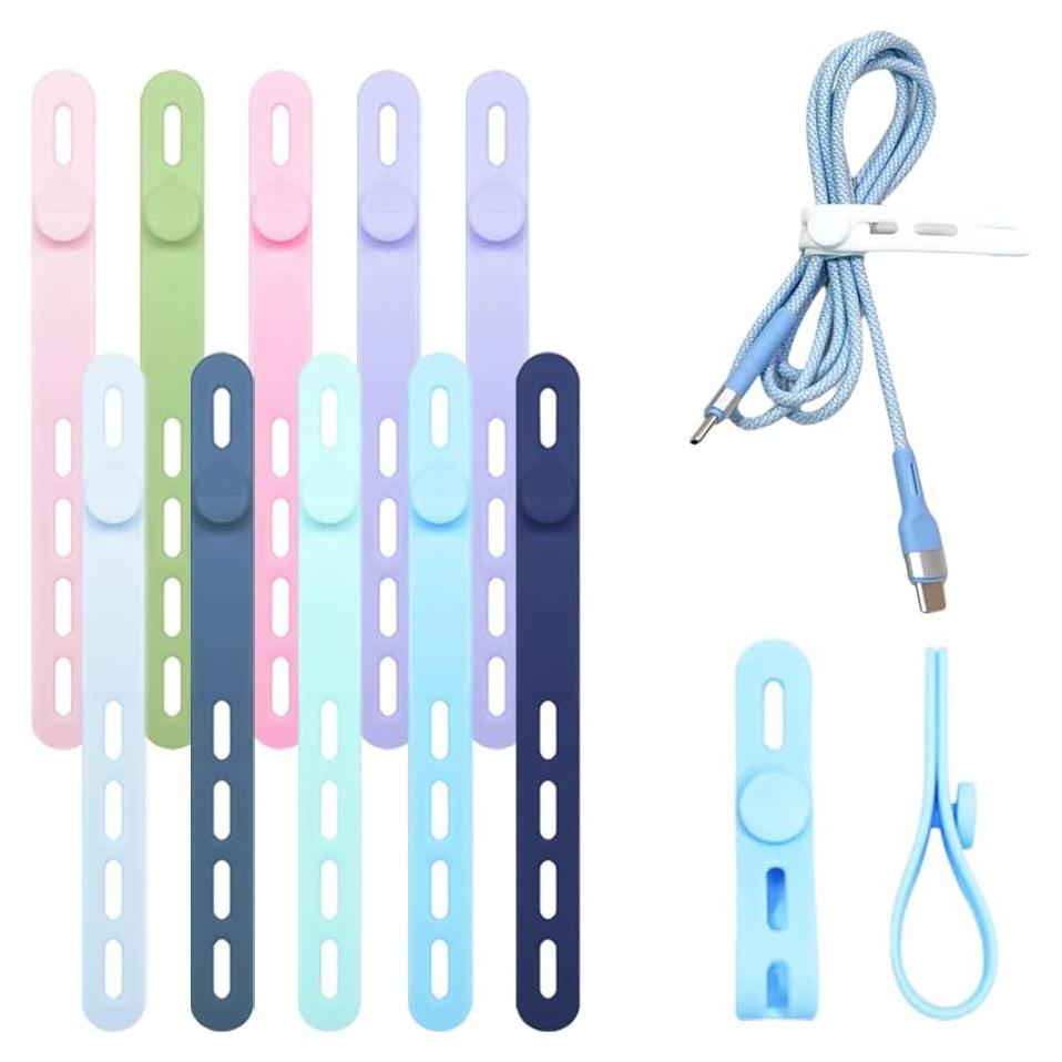 Data Cable Organizer, 2025 New Elastic Silicone Cable Straps Cord Organizer, Reusable Cable Management Organizers Cable Ties for Bundling and Fastening Cables (10)