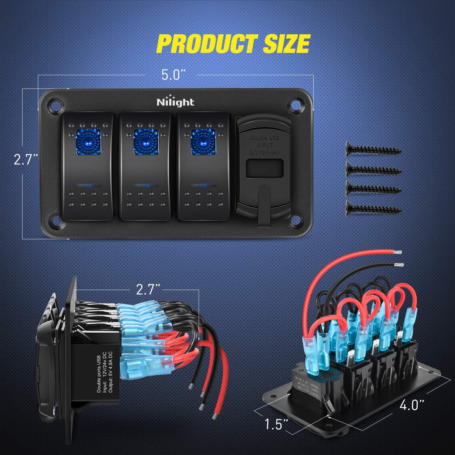 Panel de Interruptores Rocker Nilight 3 Gang con Cargador USB 4.8A