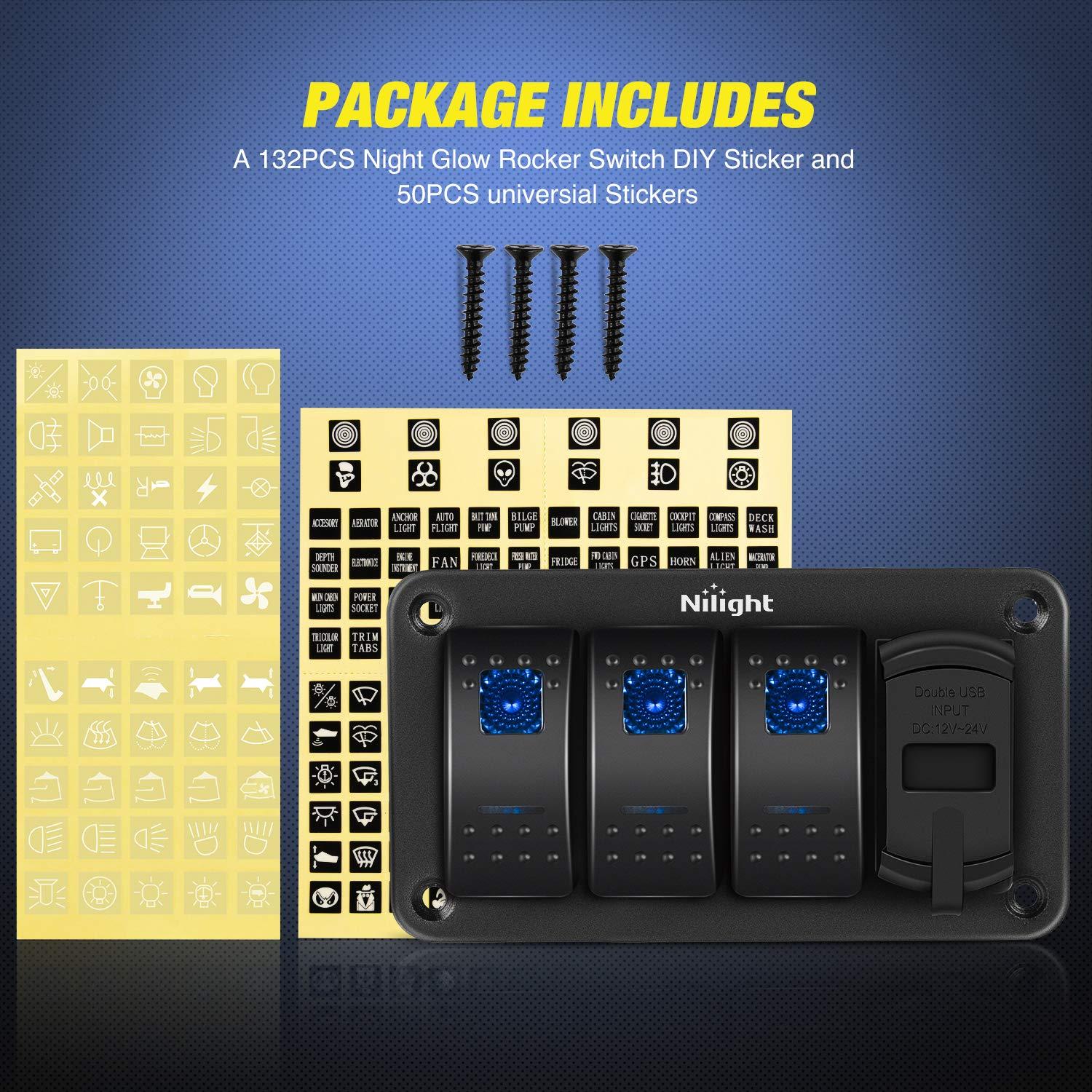 Panel de Interruptores Rocker Nilight 3 Gang con Cargador USB 4.8A