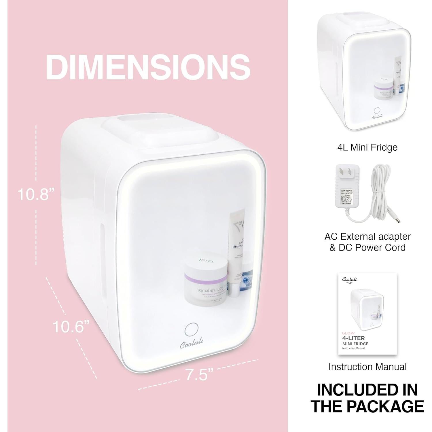 Mini Refrigerador Cooluli Glow 4L Espejo Blanco LED 2 Estantes