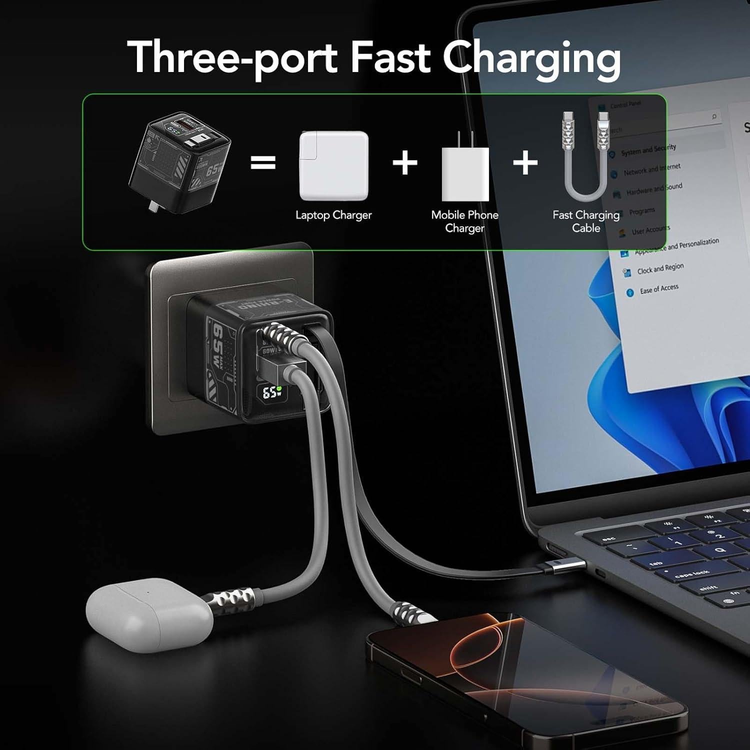 Cargador Rápido GaN 65W MFish USB-C y USB-A con Cable Retráctil