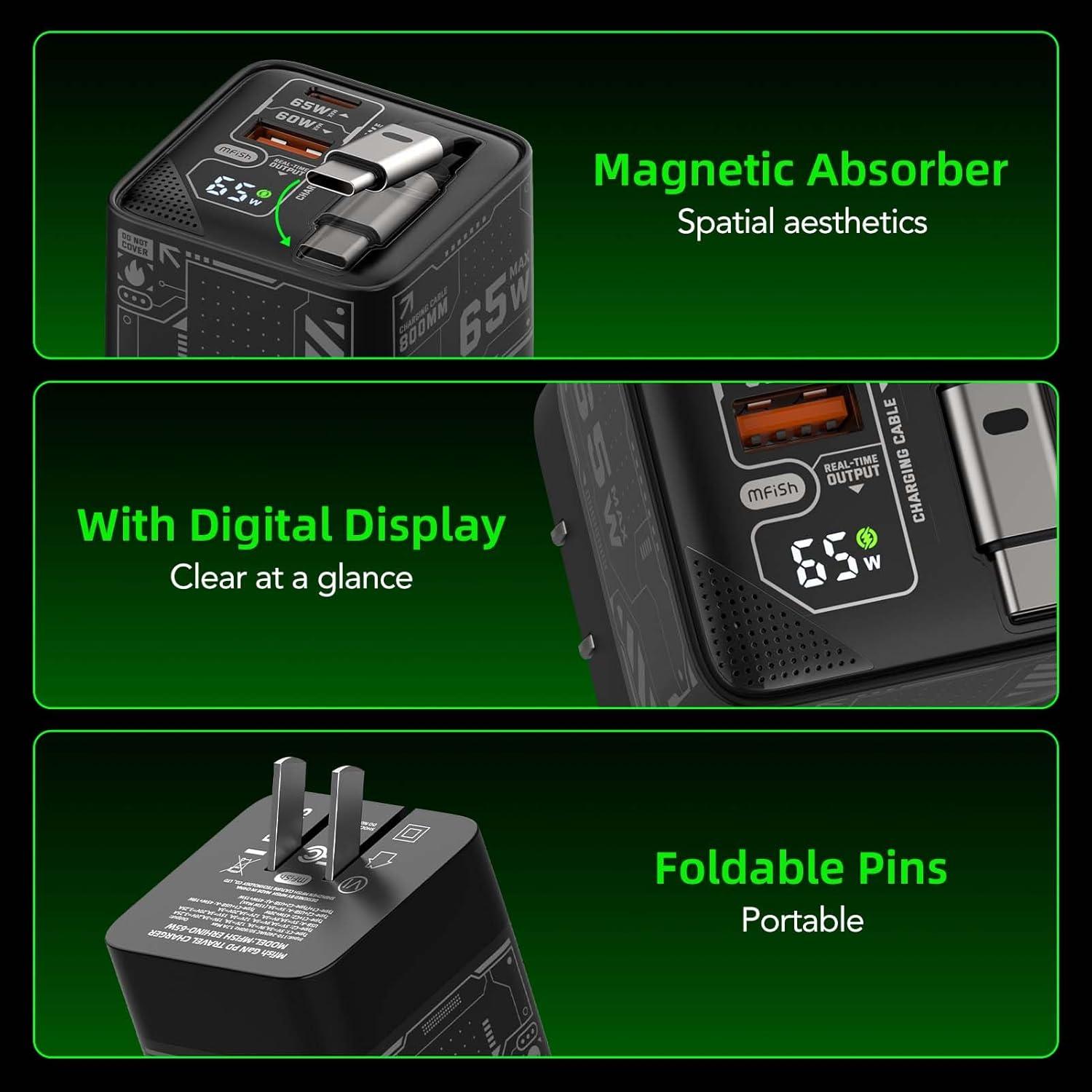 Cargador Rápido GaN 65W MFish USB-C y USB-A con Cable Retráctil