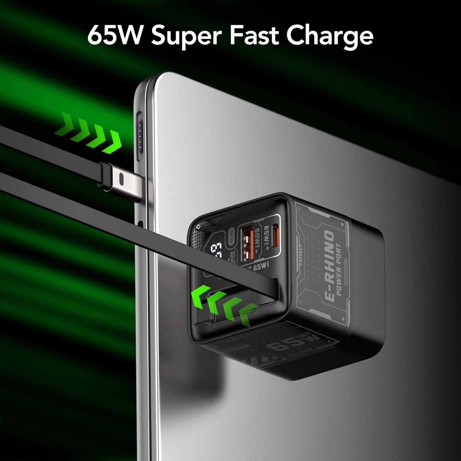 Cargador Rápido GaN 65W MFish USB-C y USB-A con Cable Retráctil