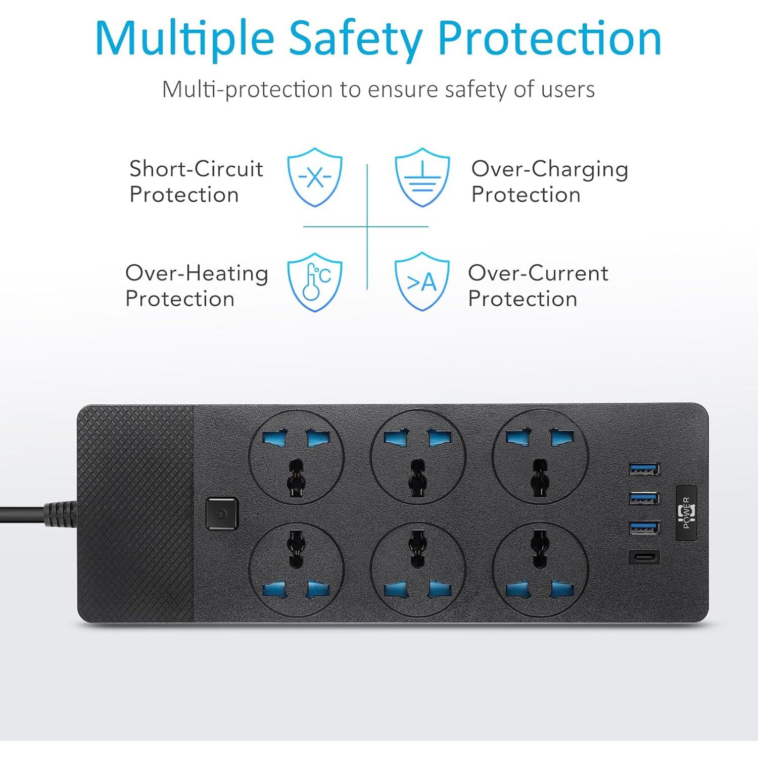 Regleta de Poder Jumpso 3000W con 4 Puertos USB y 1.83m