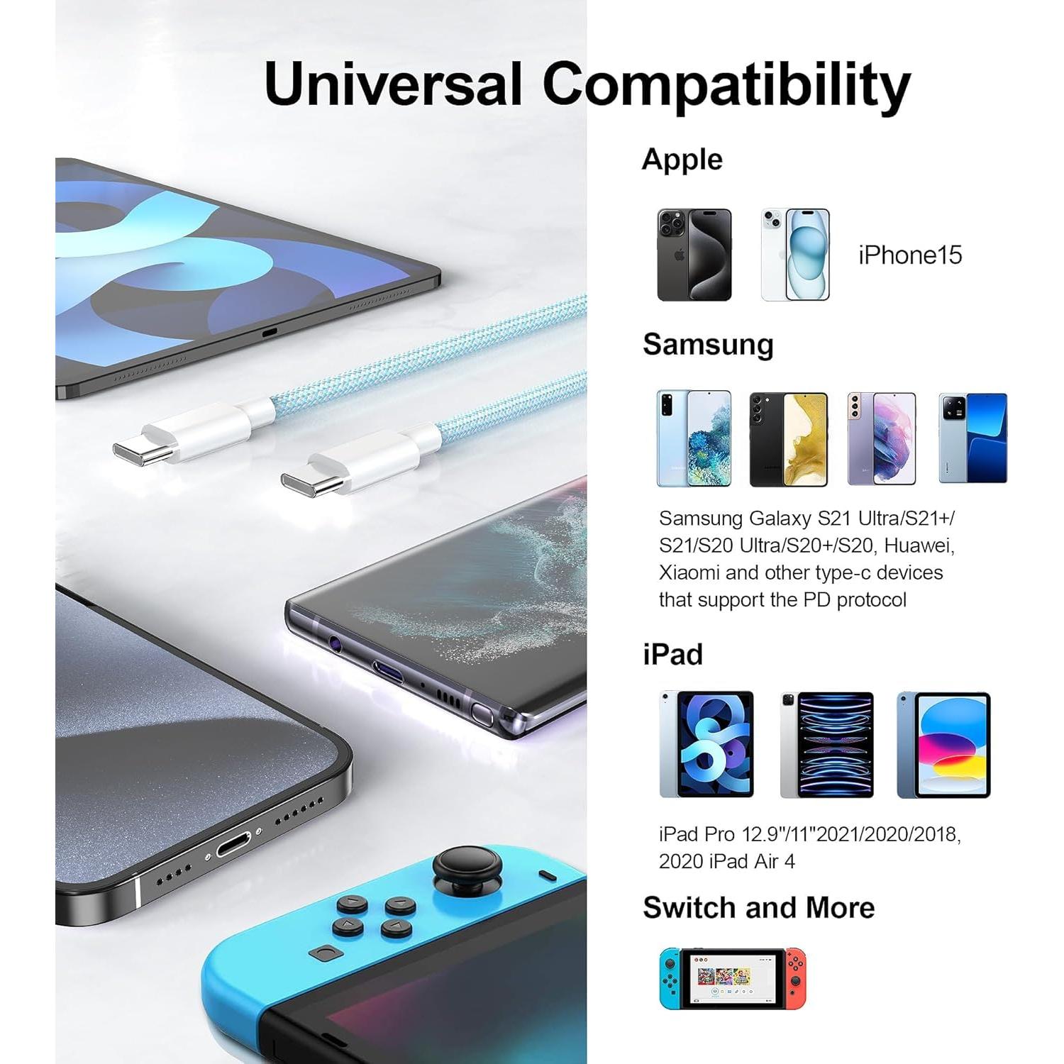 Cable Carplay 3 Paquetes 6Ft USB A a C 60W MFi para iPhone