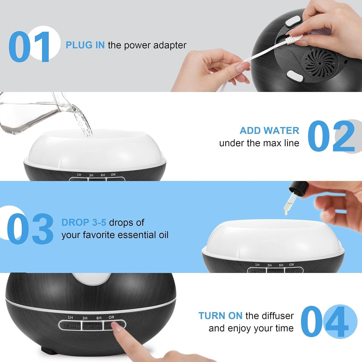 Difusor de Aromaterapia GLOXA 500ml Control Remoto Negro