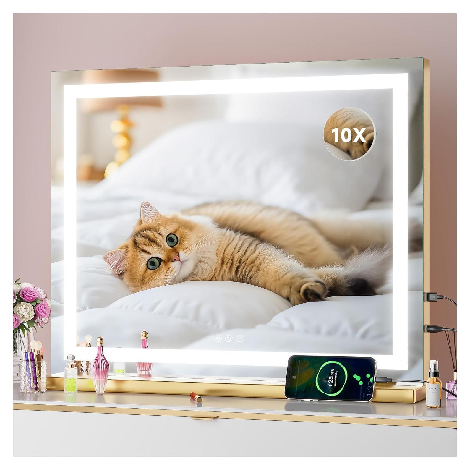Espejo de tocador LED Batuso 58x46 cm dorado con aumento 10X