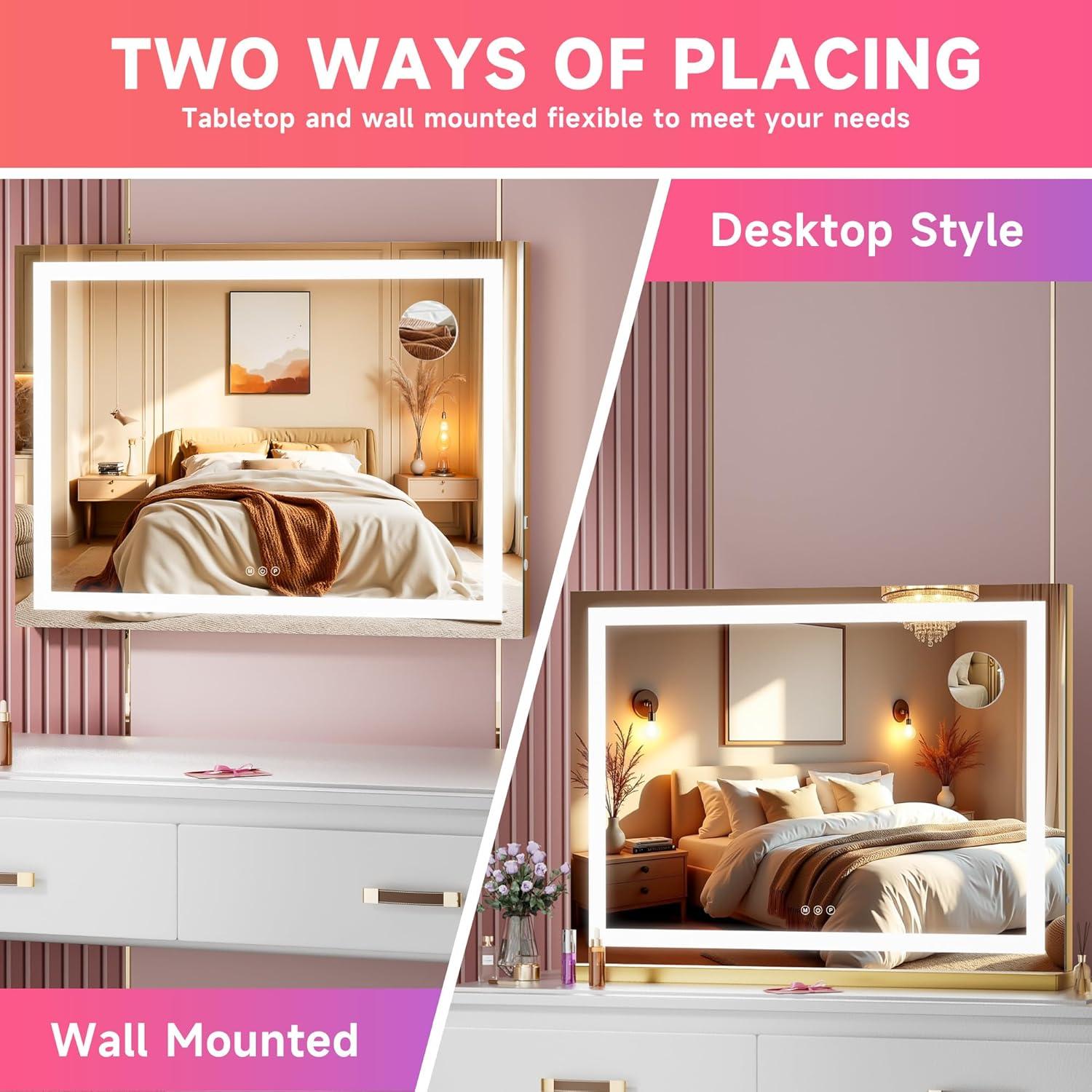 Espejo de tocador LED Batuso 58x46 cm dorado con aumento 10X