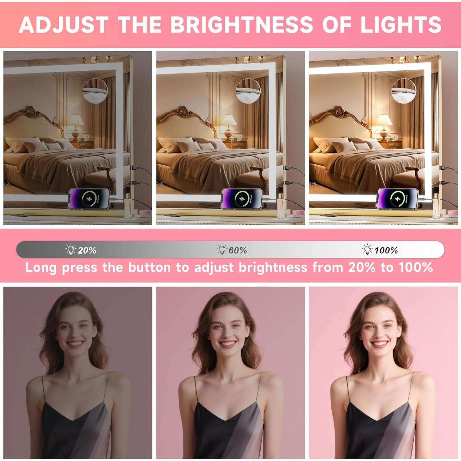 Espejo de tocador LED Batuso 58x46 cm dorado con aumento 10X