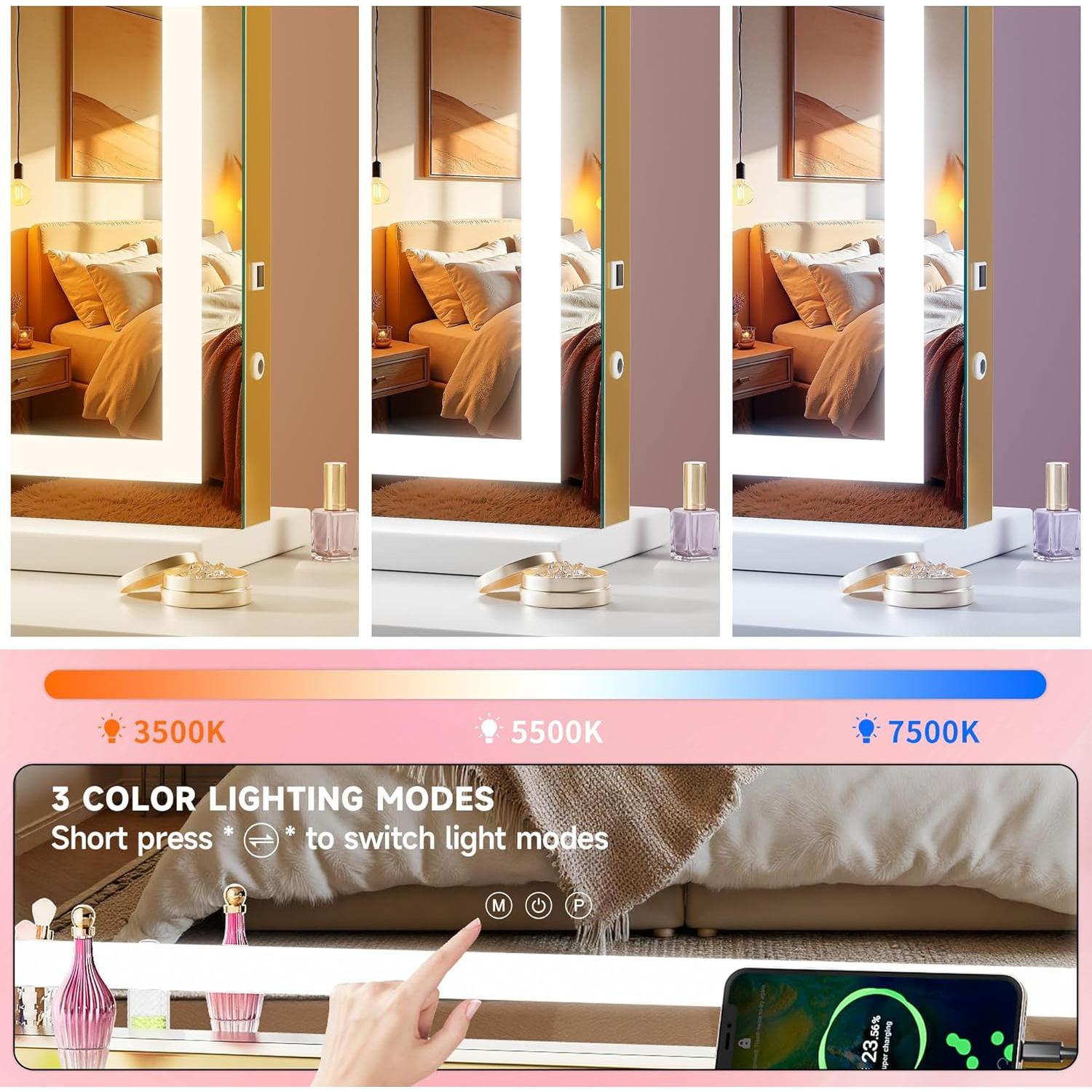 Espejo de tocador LED Batuso 58x46 cm dorado con aumento 10X