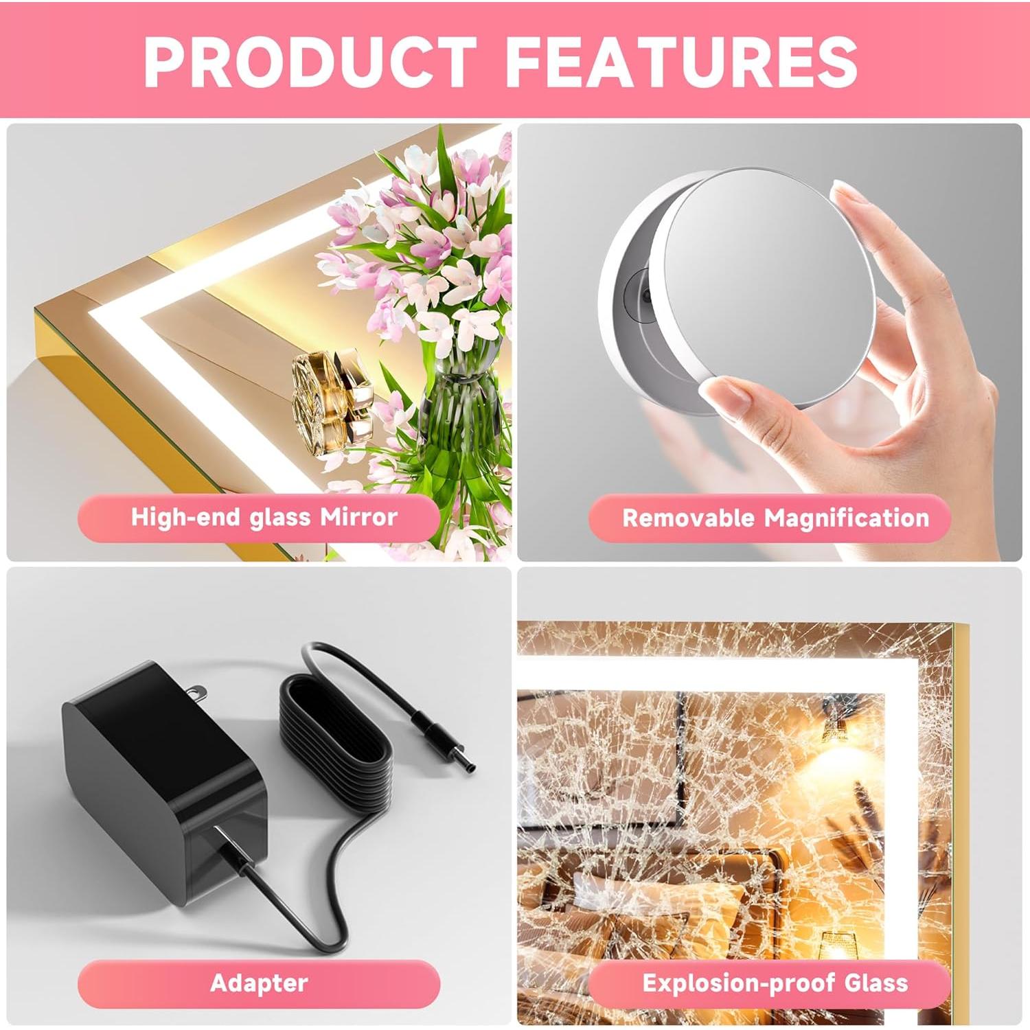 Espejo de tocador LED Batuso 58x46 cm dorado con aumento 10X