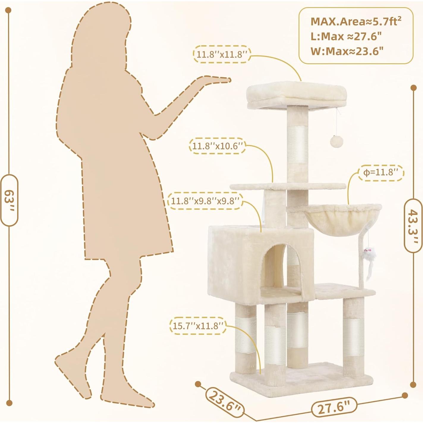 Árbol para Gatos Heybly 110 cm Beige con Juguete y Rascador