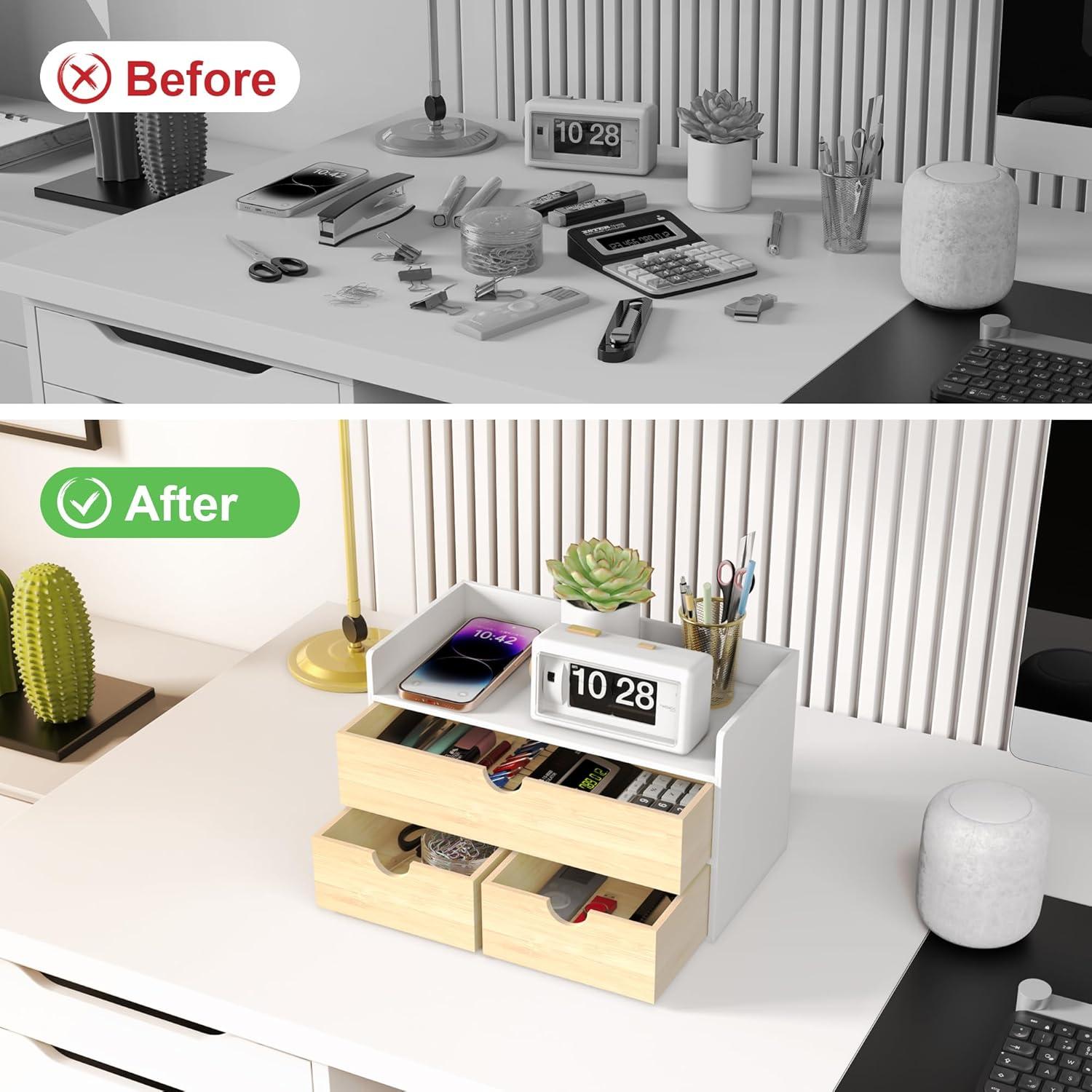 Organizador de Escritorio Wisuce de Bambú Natural con 3 Cajones