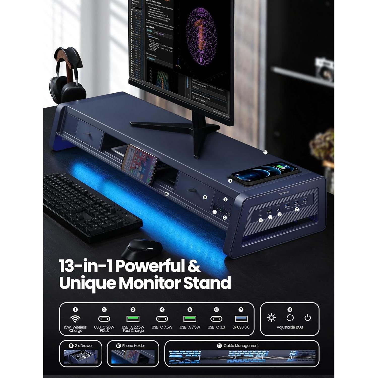 Soporte Elevador Doble Monitor Vaydeer con 8 Puertos USB y Carga Inalámbrica