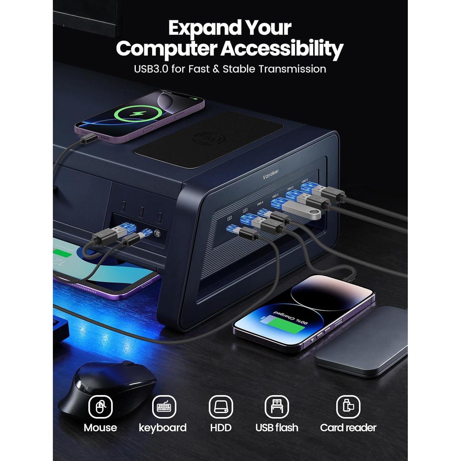 Soporte Elevador Doble Monitor Vaydeer con 8 Puertos USB y Carga Inalámbrica