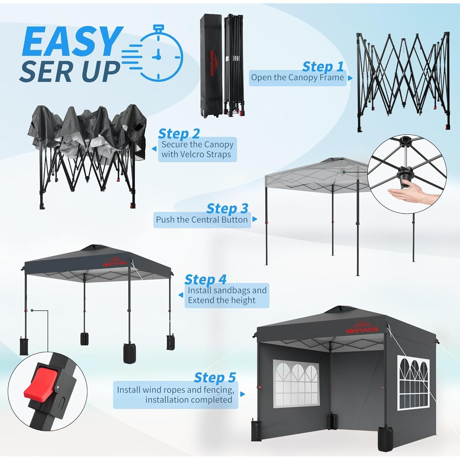 Carpa Pop Up 10x10 Benass Gris Resistente al Agua con Paredes