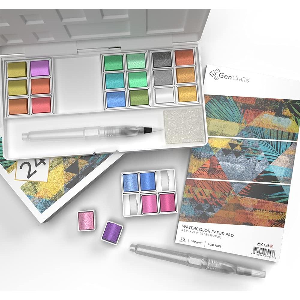 Paleta de Acuarelas Metálicas GenCrafts 24 Colores + 2 Pinceles