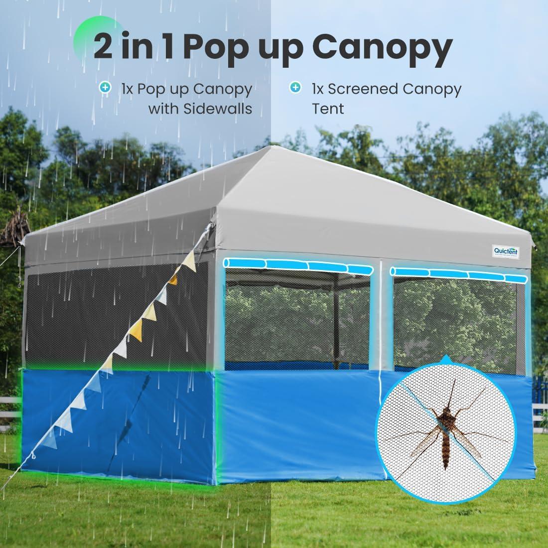 Quictent 10x10 Pop up Canopy Tent with Sidewalls, 2 in 1 Screened with Roll-up Mesh Window Sidewalls, One Person Set up for Camping, Backyard and Outdoor Events