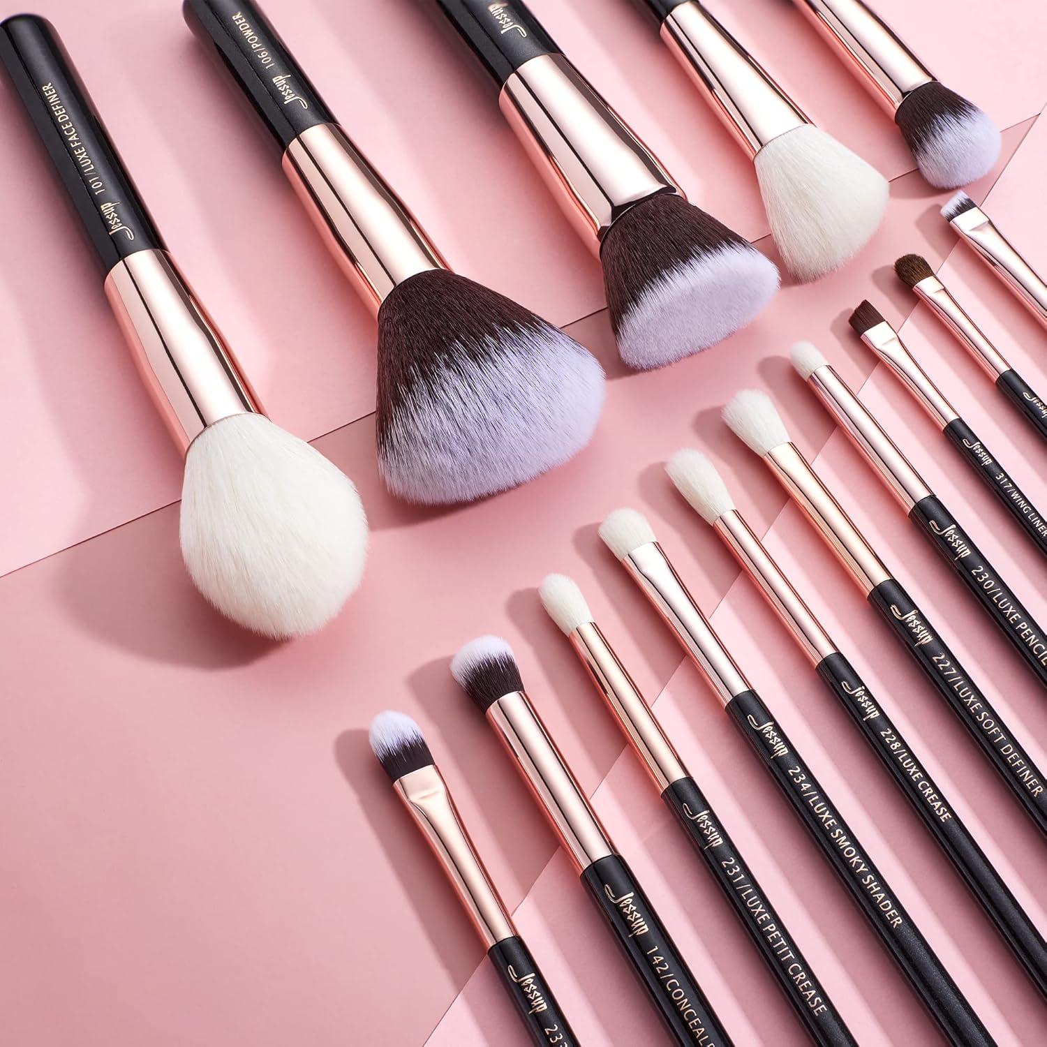Juego de Brochas de Maquillaje Jessup 15 Piezas Rosa Oro/Negro