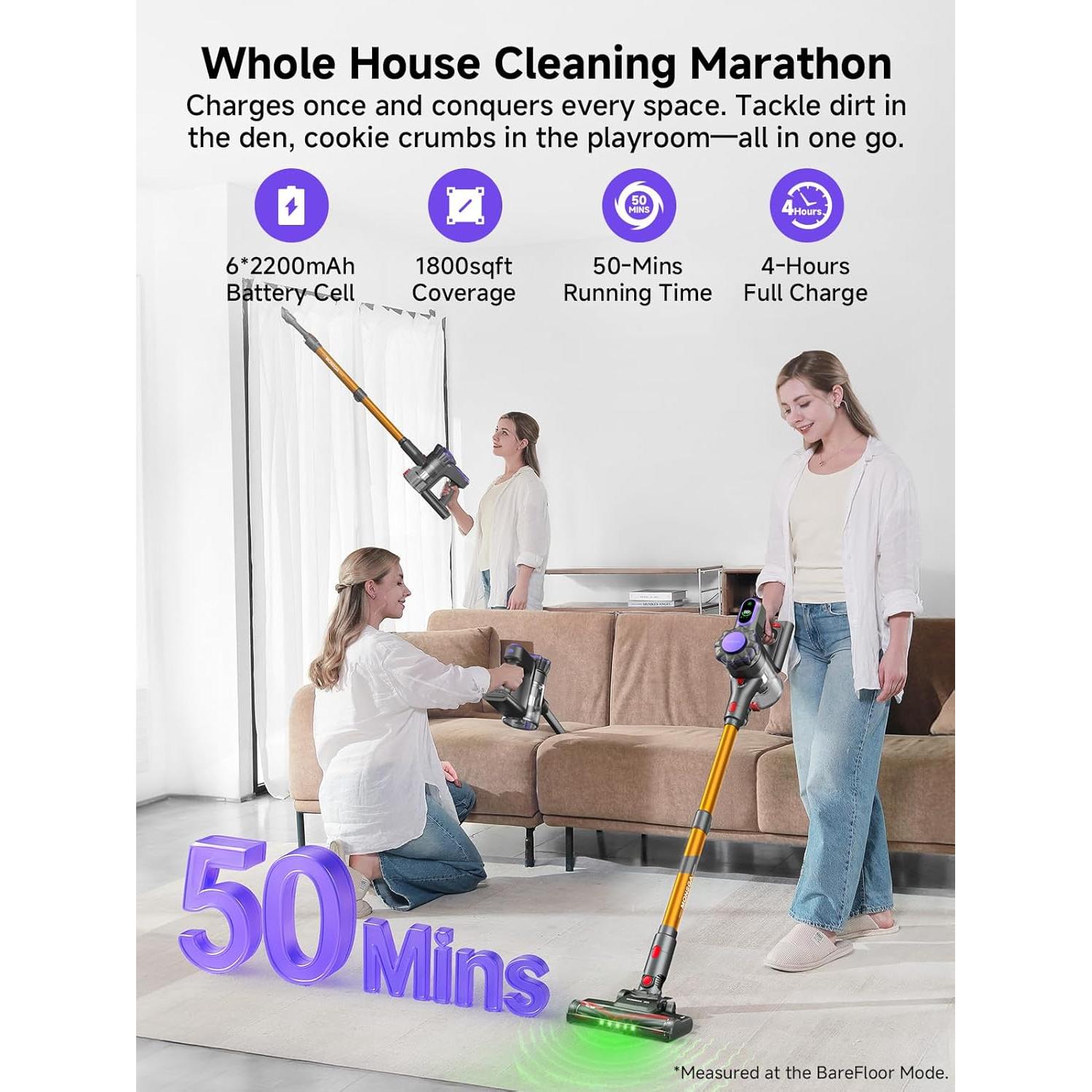 MONSGA Cordless Vacuum Cleaner, 45KPa 400W Stick Vacuum for Home, 50Mins Anti-Tangled Vacuum Cleaner with Charging Dock, Light-weighted Handheld Vacuum for Pet Hair/Carpet/Floor, LED Touch Display,MV3