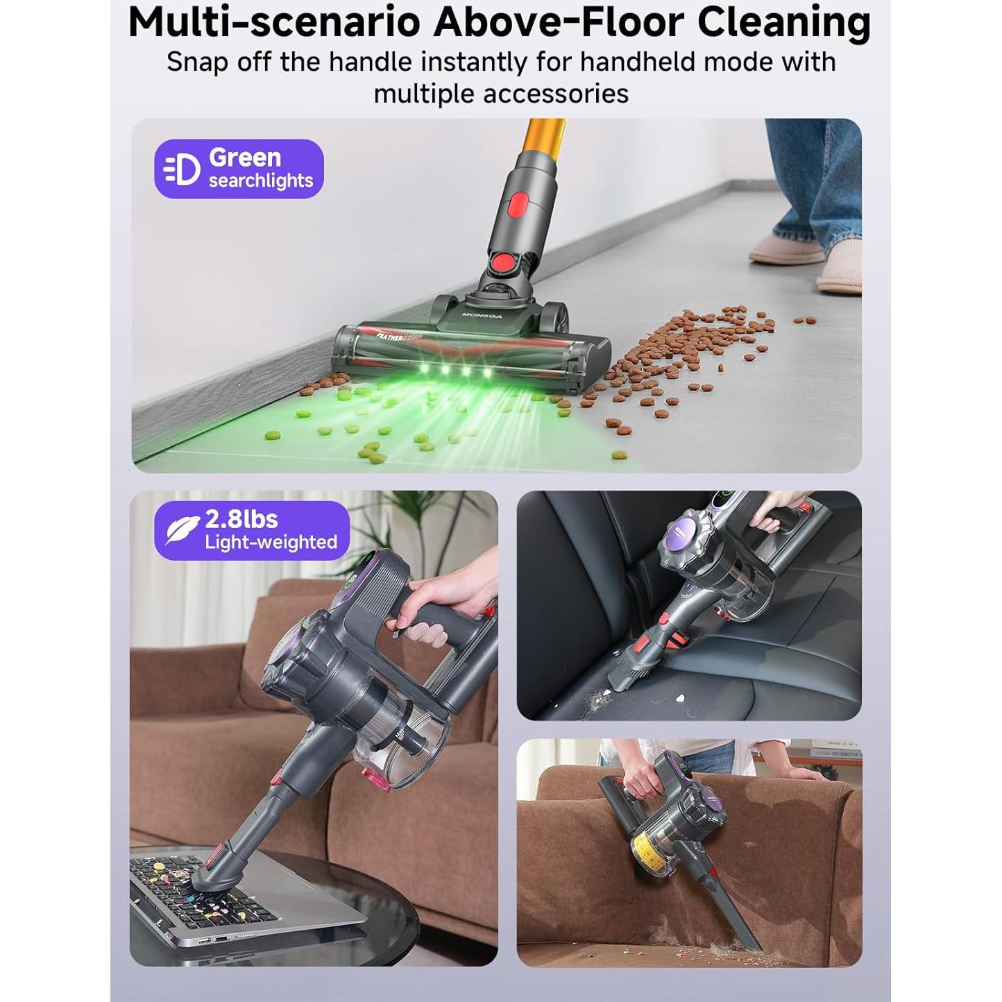 MONSGA Cordless Vacuum Cleaner, 45KPa 400W Stick Vacuum for Home, 50Mins Anti-Tangled Vacuum Cleaner with Charging Dock, Light-weighted Handheld Vacuum for Pet Hair/Carpet/Floor, LED Touch Display,MV3